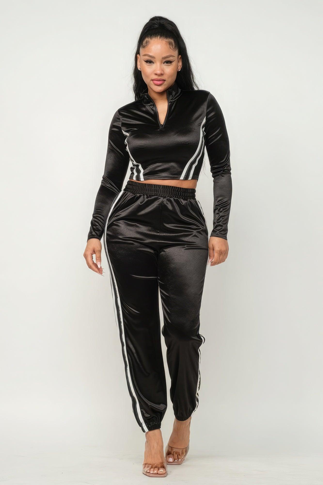 Front Zip Up Stripes Detail Jacket And Pants Set - Leur Beau Monde Boutique