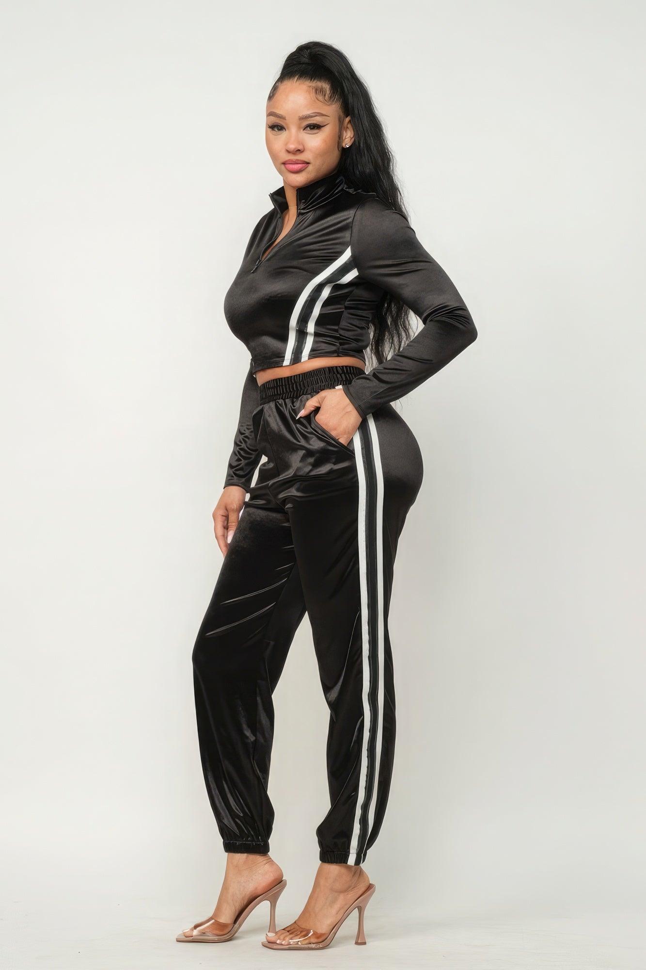 Front Zip Up Stripes Detail Jacket And Pants Set - Leur Beau Monde Boutique