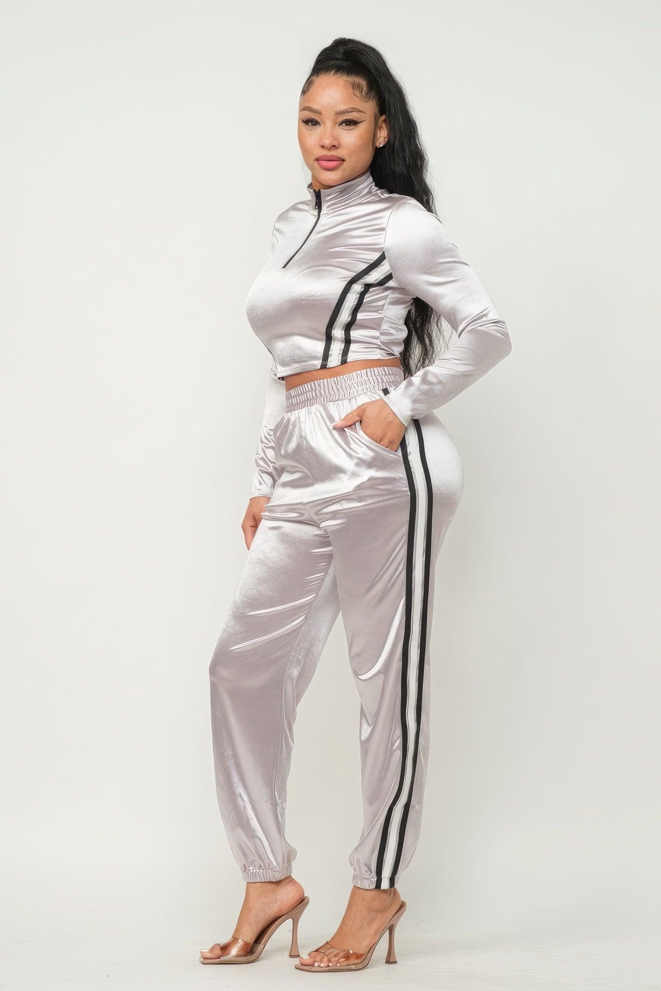 Front Zip Up Stripes Detail Jacket And Pants Set - Leur Beau Monde Boutique