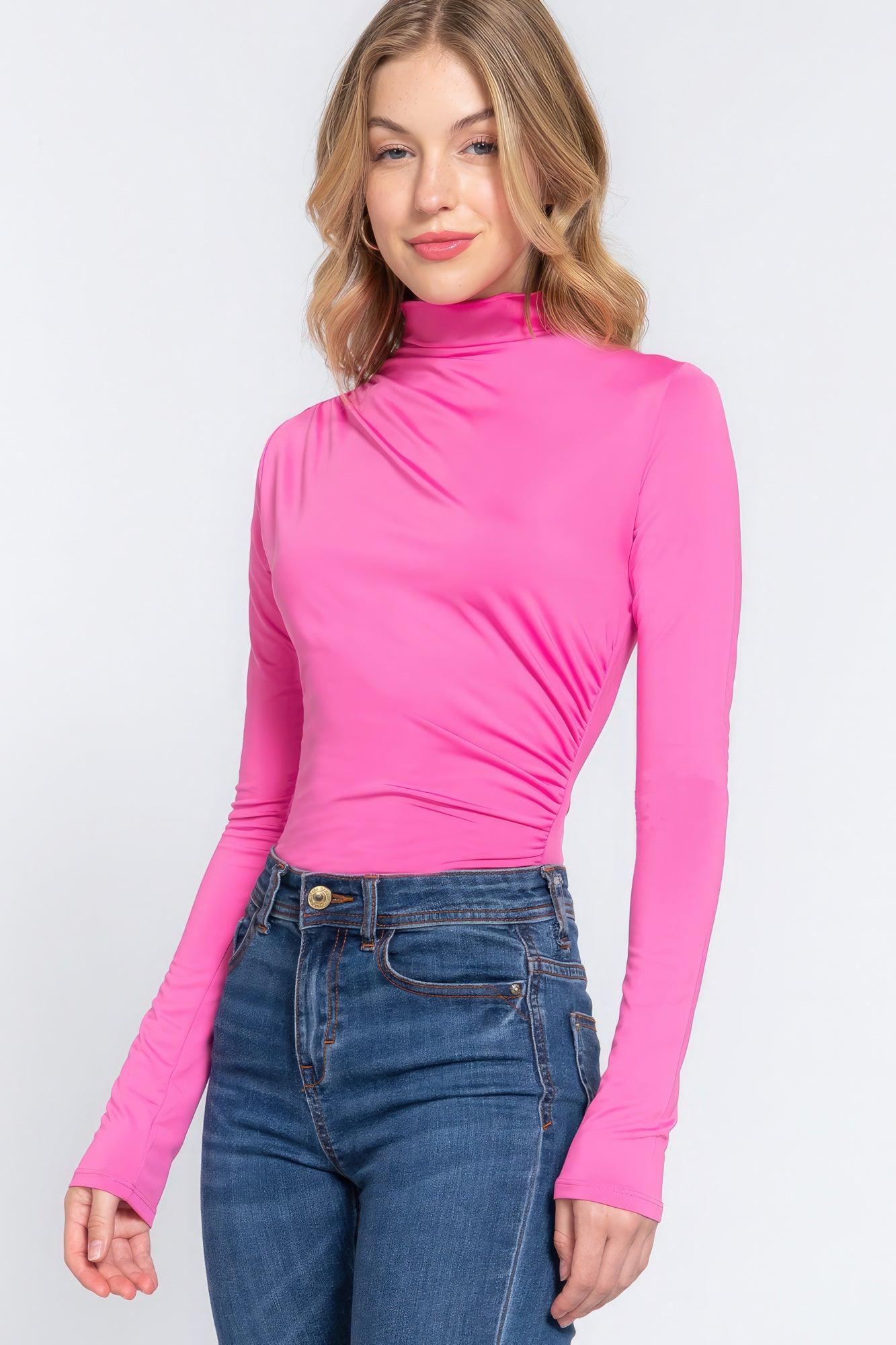 Long Sleeve High Neck Shirring Detail Ity Knit Bodysuit - Leur Beau Monde Boutique