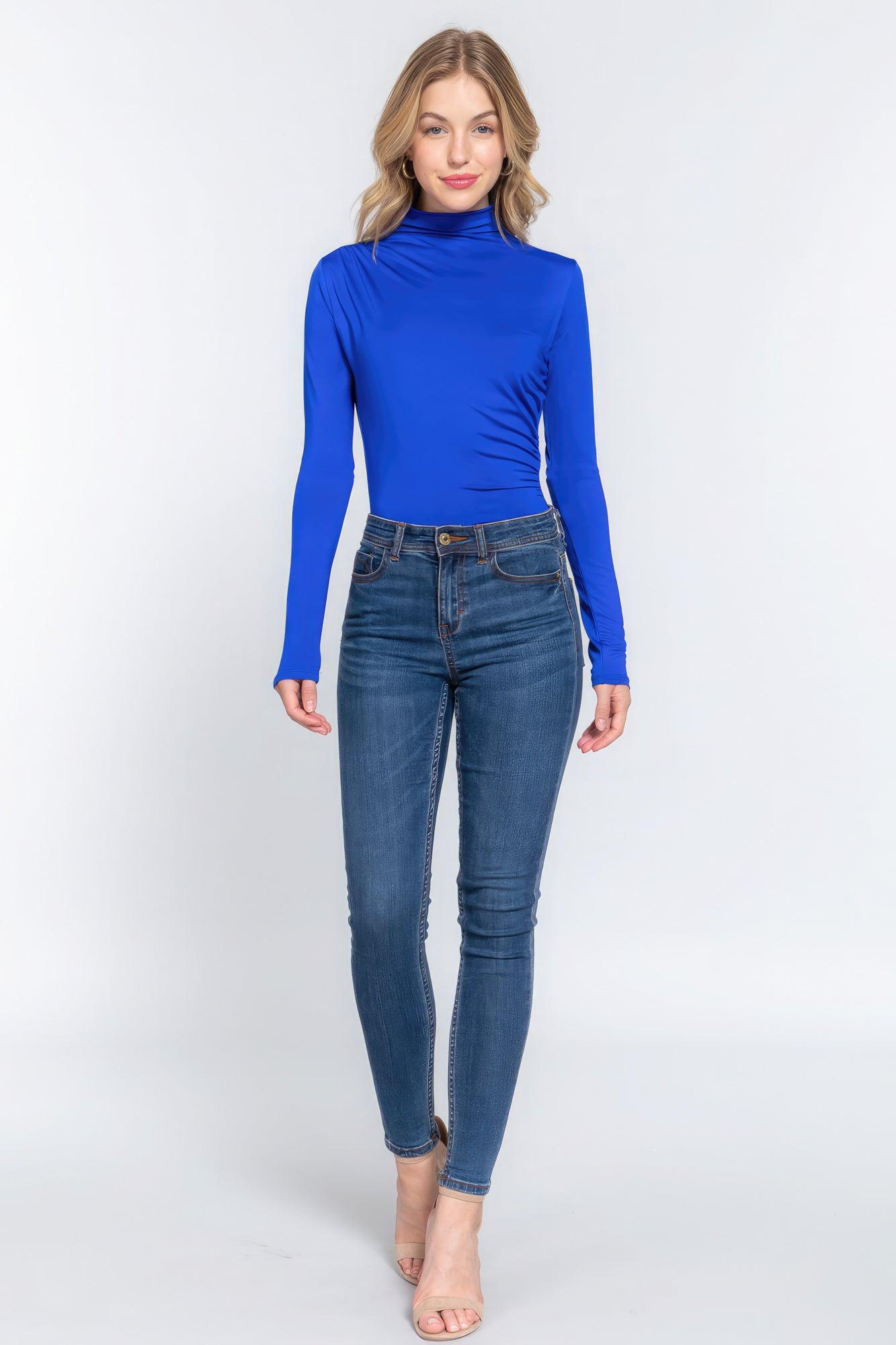 Long Sleeve High Neck Shirring Detail Ity Knit Bodysuit - Leur Beau Monde Boutique