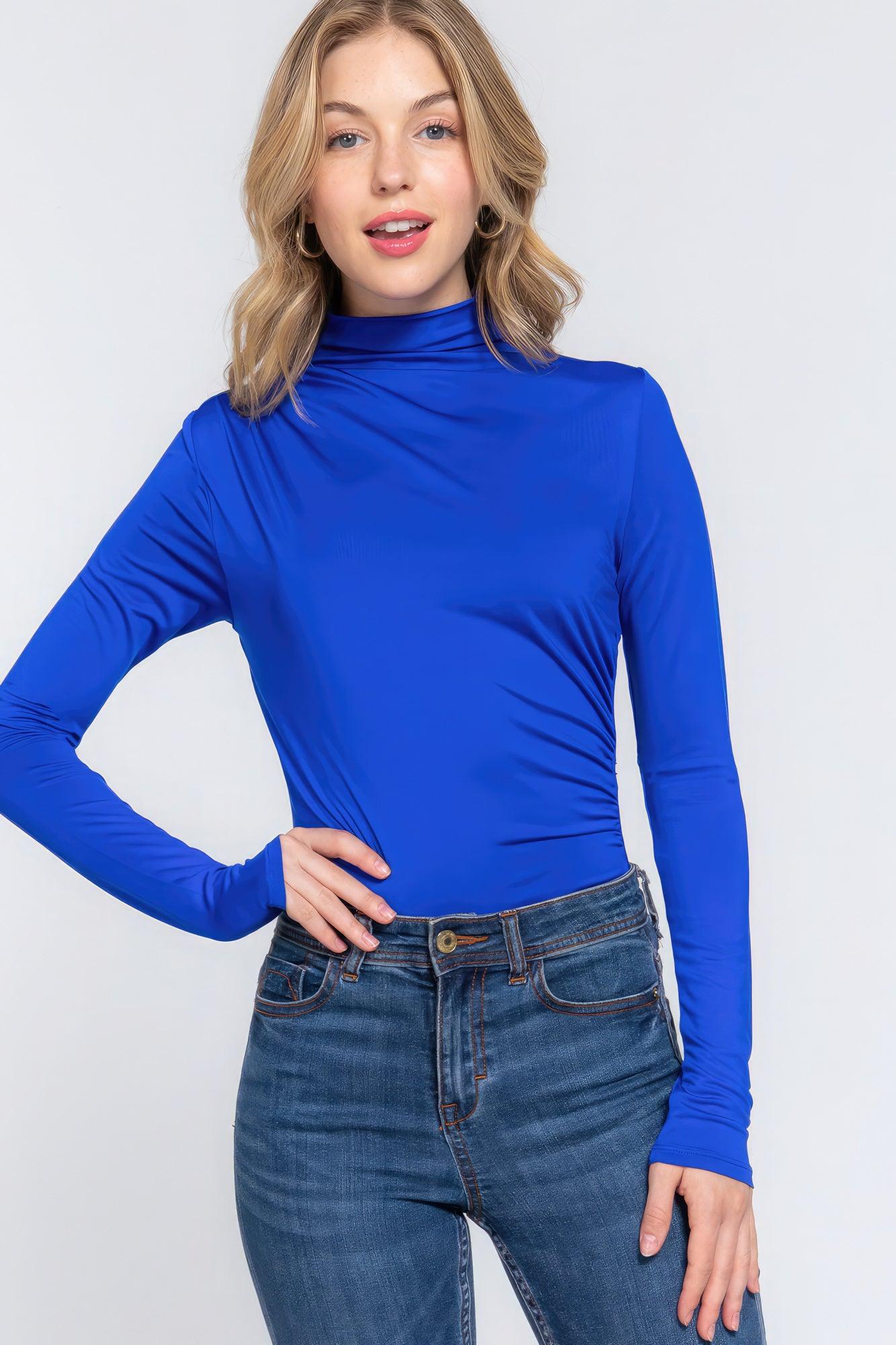 Long Sleeve High Neck Shirring Detail Ity Knit Bodysuit - Leur Beau Monde Boutique