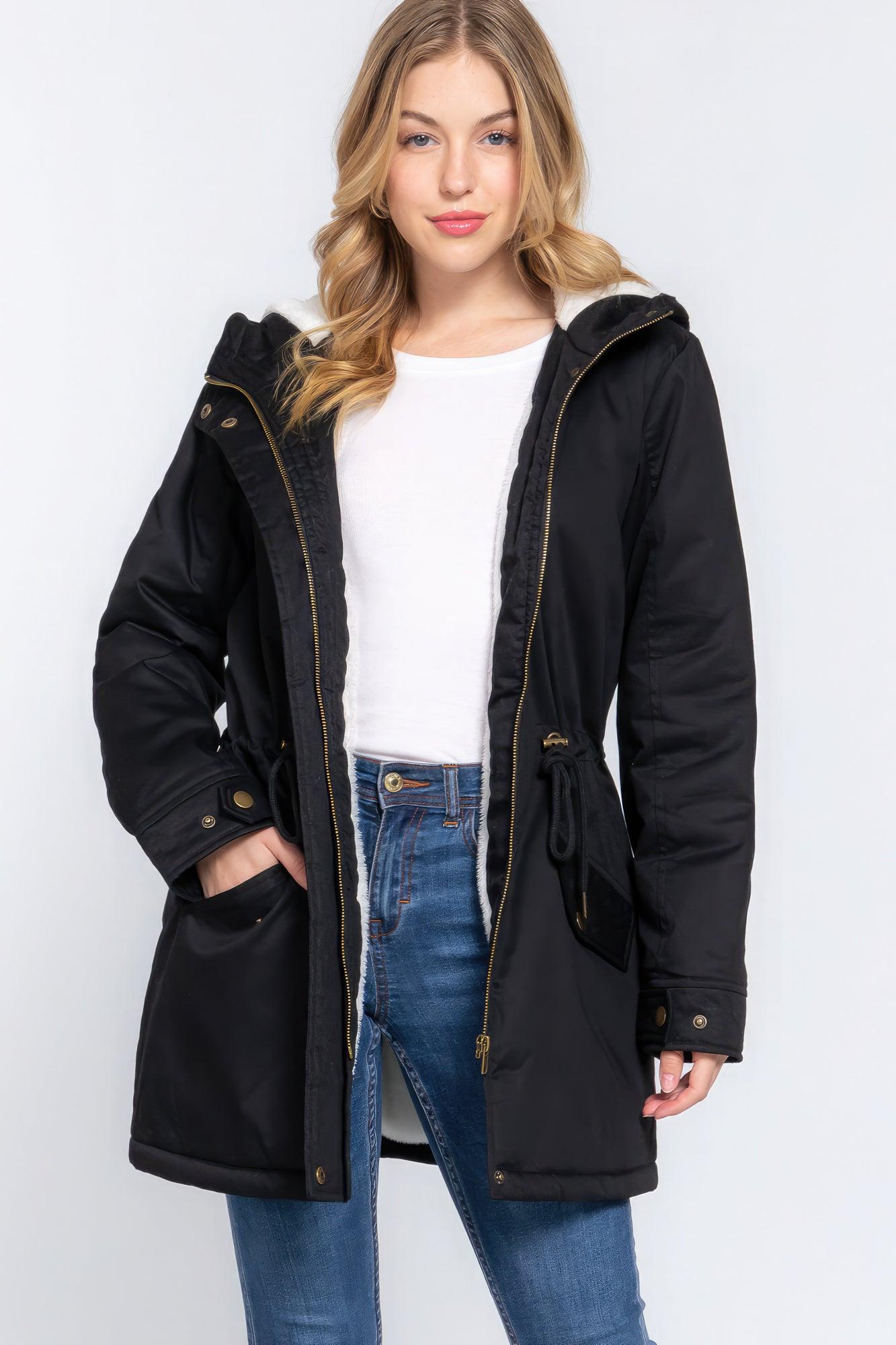 Fleece Lined Fur Hoodie Utility Jacket - Leur Beau Monde Boutique