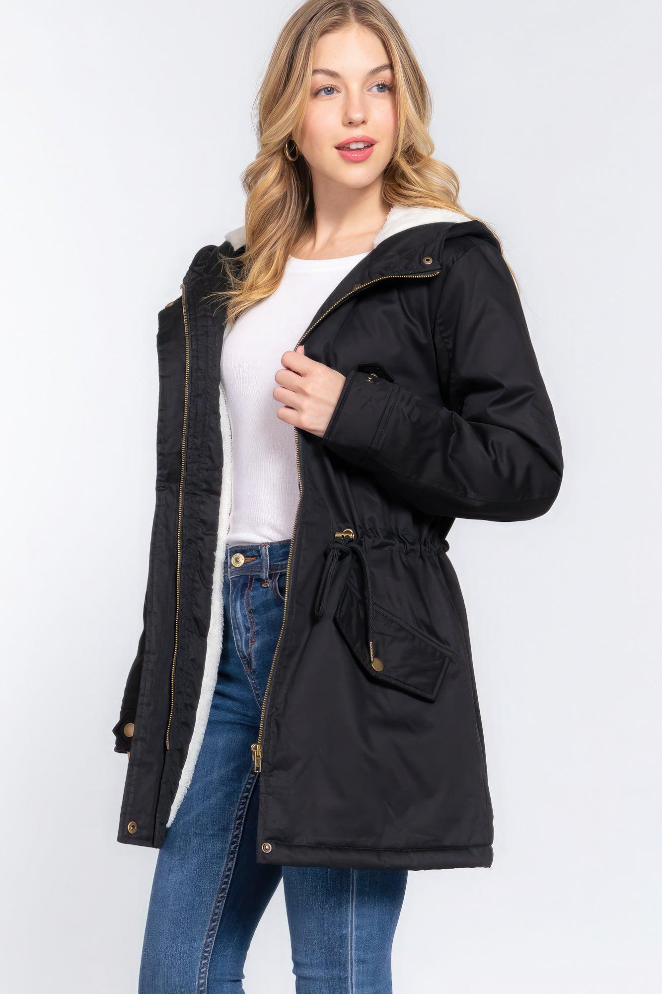 Fleece Lined Fur Hoodie Utility Jacket - Leur Beau Monde Boutique