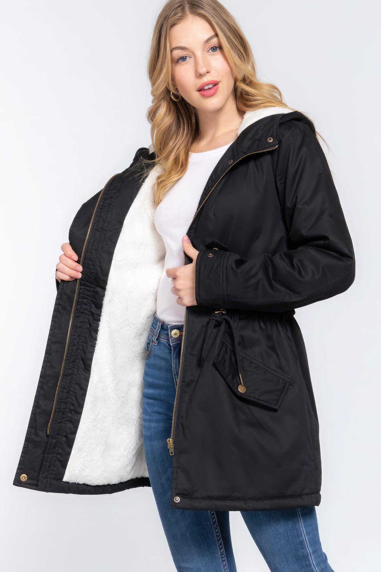 Fleece Lined Fur Hoodie Utility Jacket - Leur Beau Monde Boutique