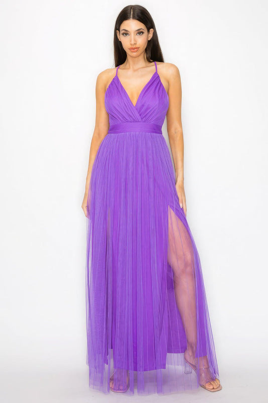 Pleated Mesh Slit Maxi Dress - Leur Beau Monde Boutique