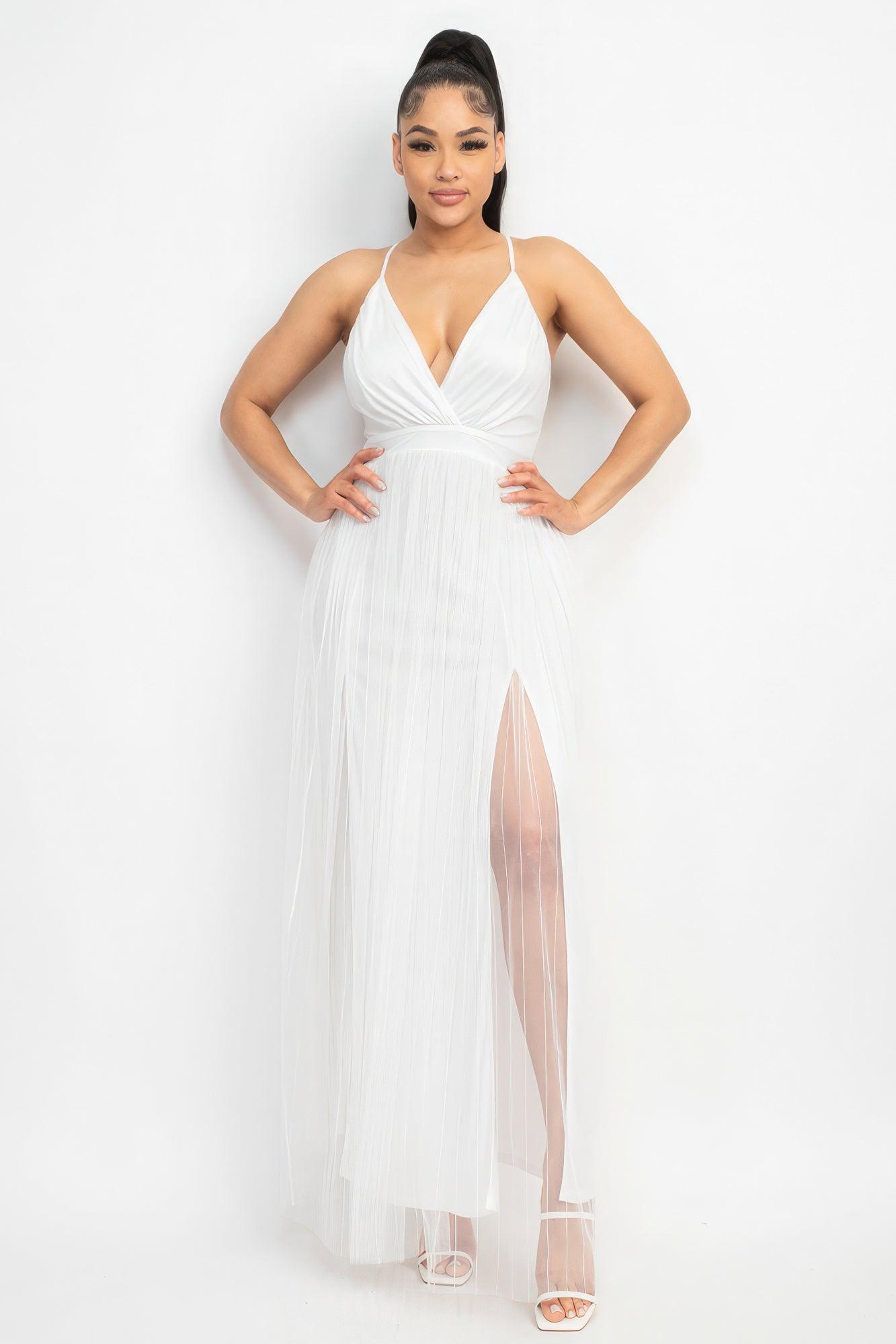 Pleated Mesh Slit Maxi Dress - Leur Beau Monde Boutique