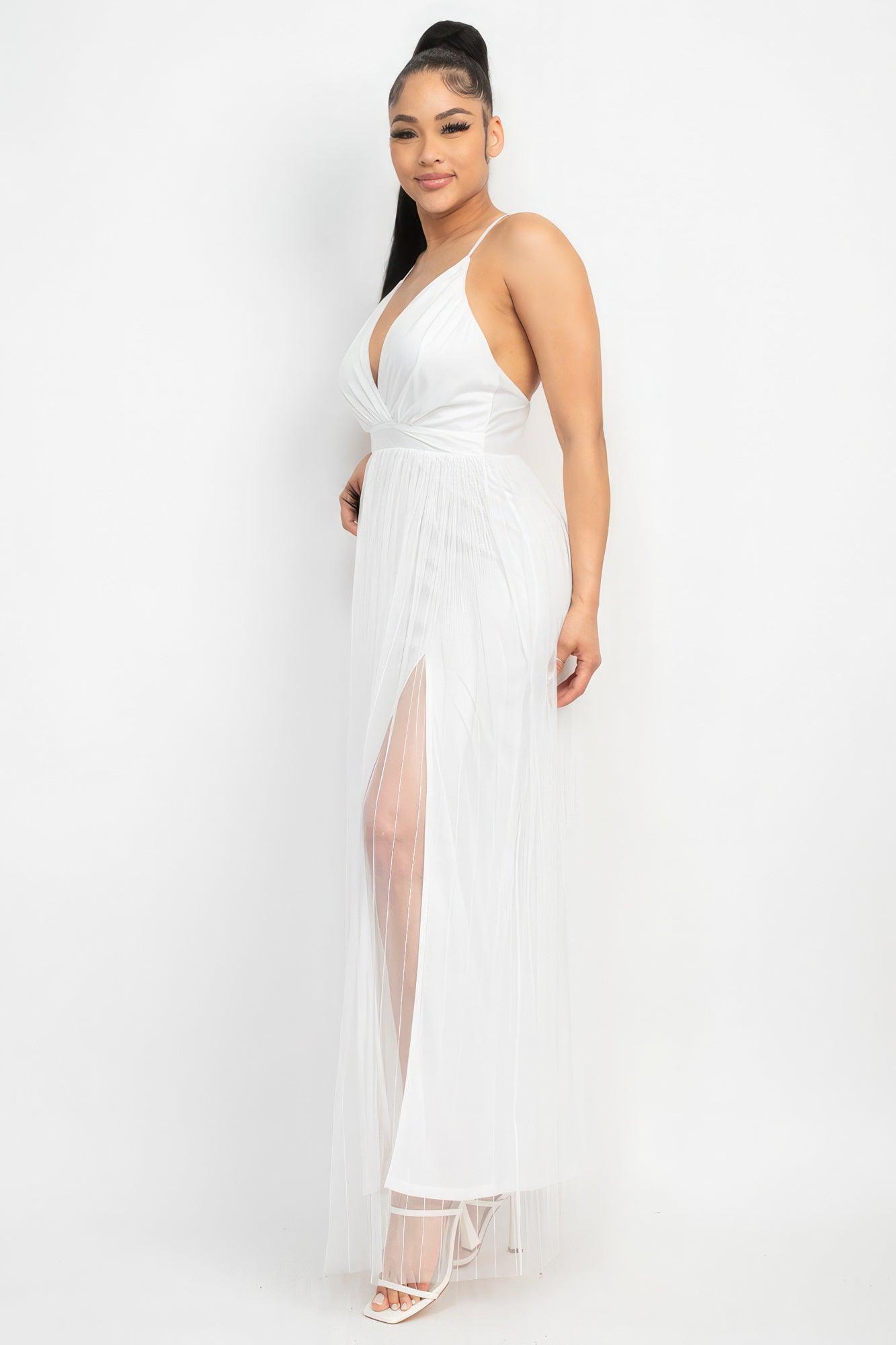 Pleated Mesh Slit Maxi Dress - Leur Beau Monde Boutique