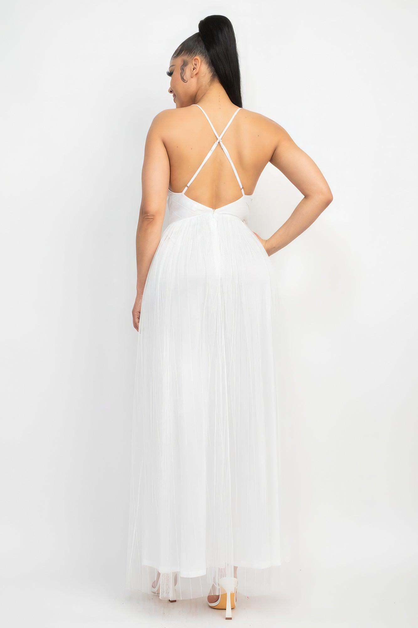 Pleated Mesh Slit Maxi Dress - Leur Beau Monde Boutique