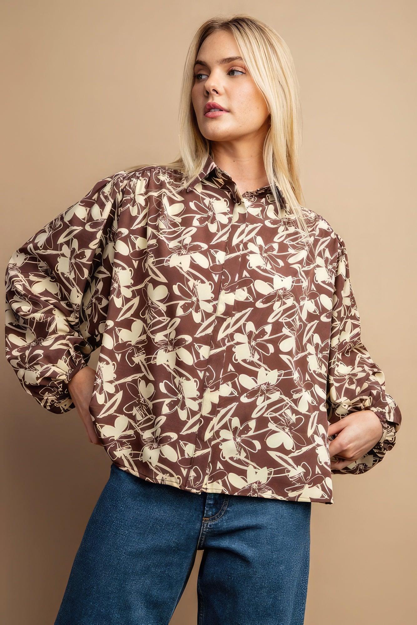 Floral Print Button Down Blouse - Leur Beau Monde Boutique