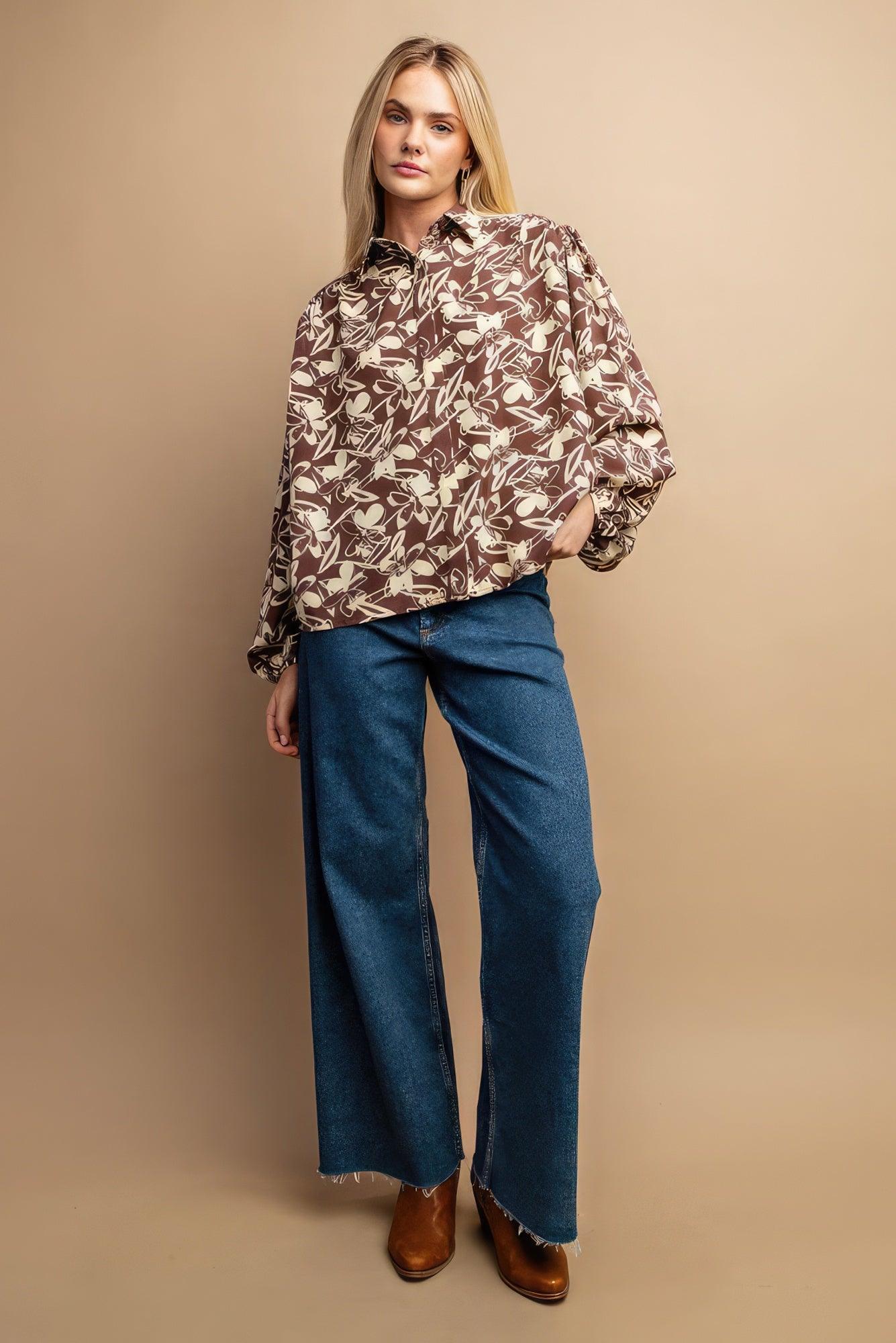 Floral Print Button Down Blouse - Leur Beau Monde Boutique