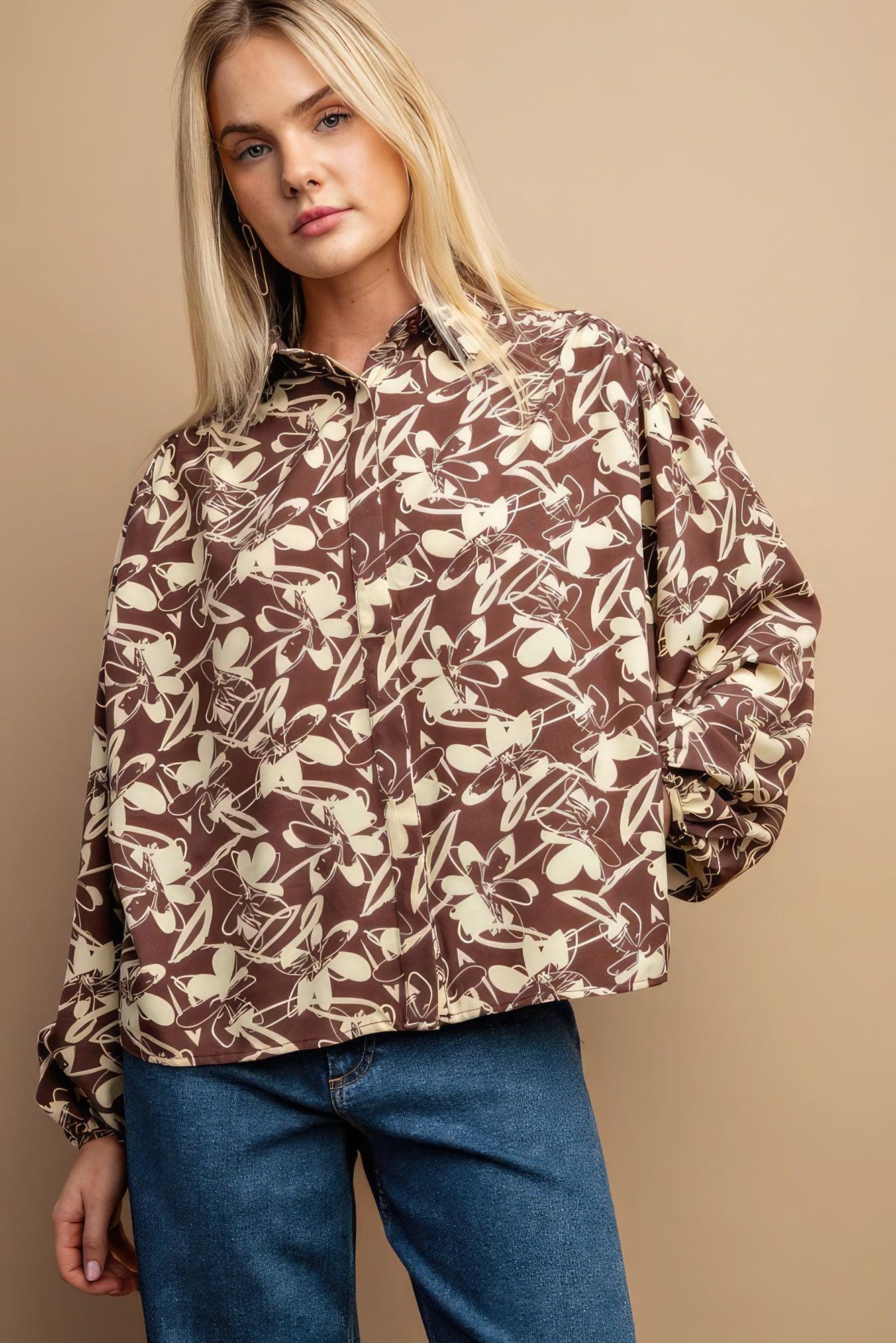 Floral Print Button Down Blouse - Leur Beau Monde Boutique