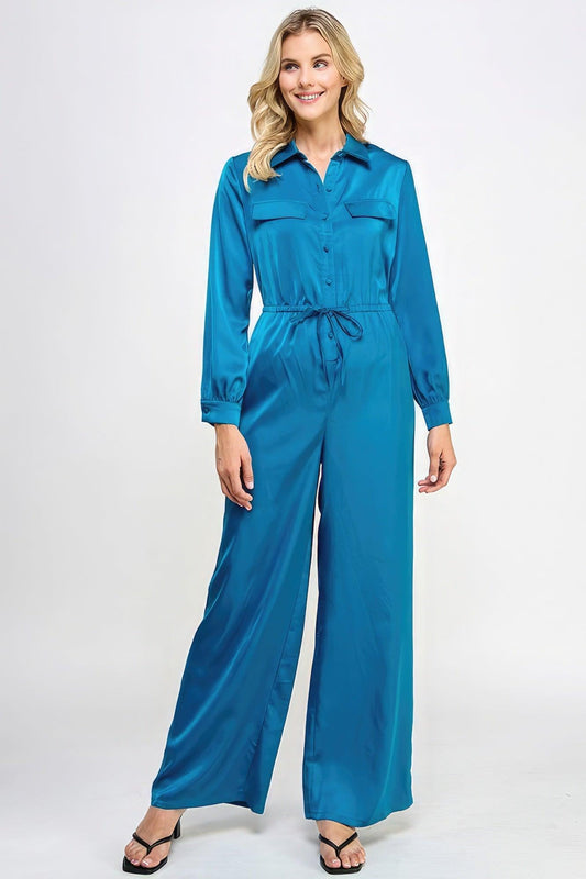 Long Sleeve Jumpsuit With Waist Drawstring - Leur Beau Monde Boutique