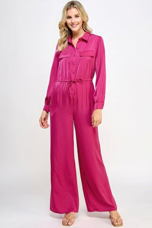 Long Sleeve Jumpsuit With Waist Drawstring - Leur Beau Monde Boutique