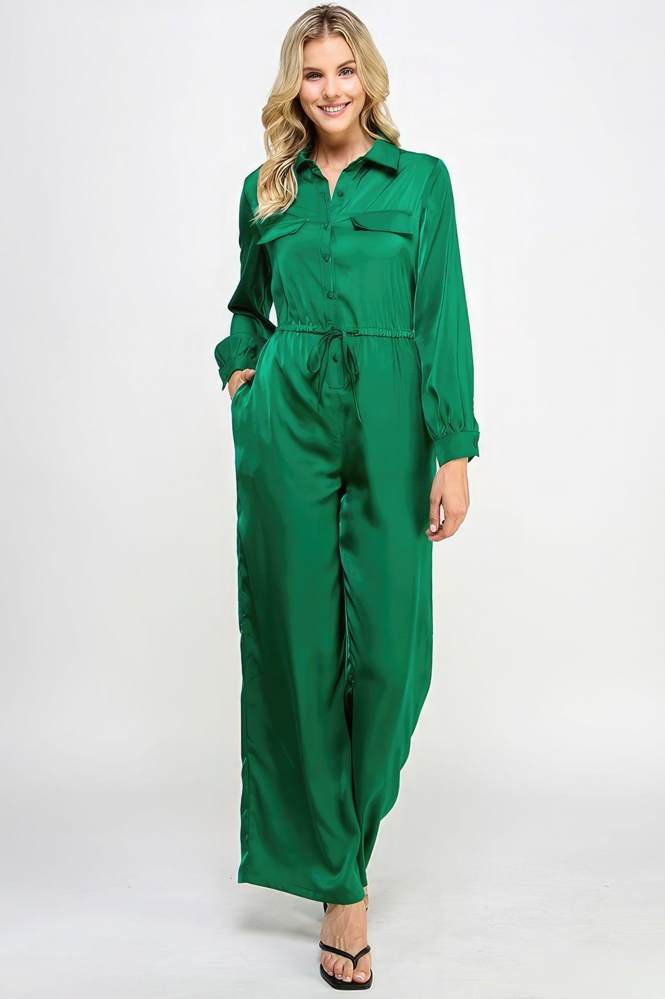 Long Sleeve Jumpsuit With Waist Drawstring - Leur Beau Monde Boutique