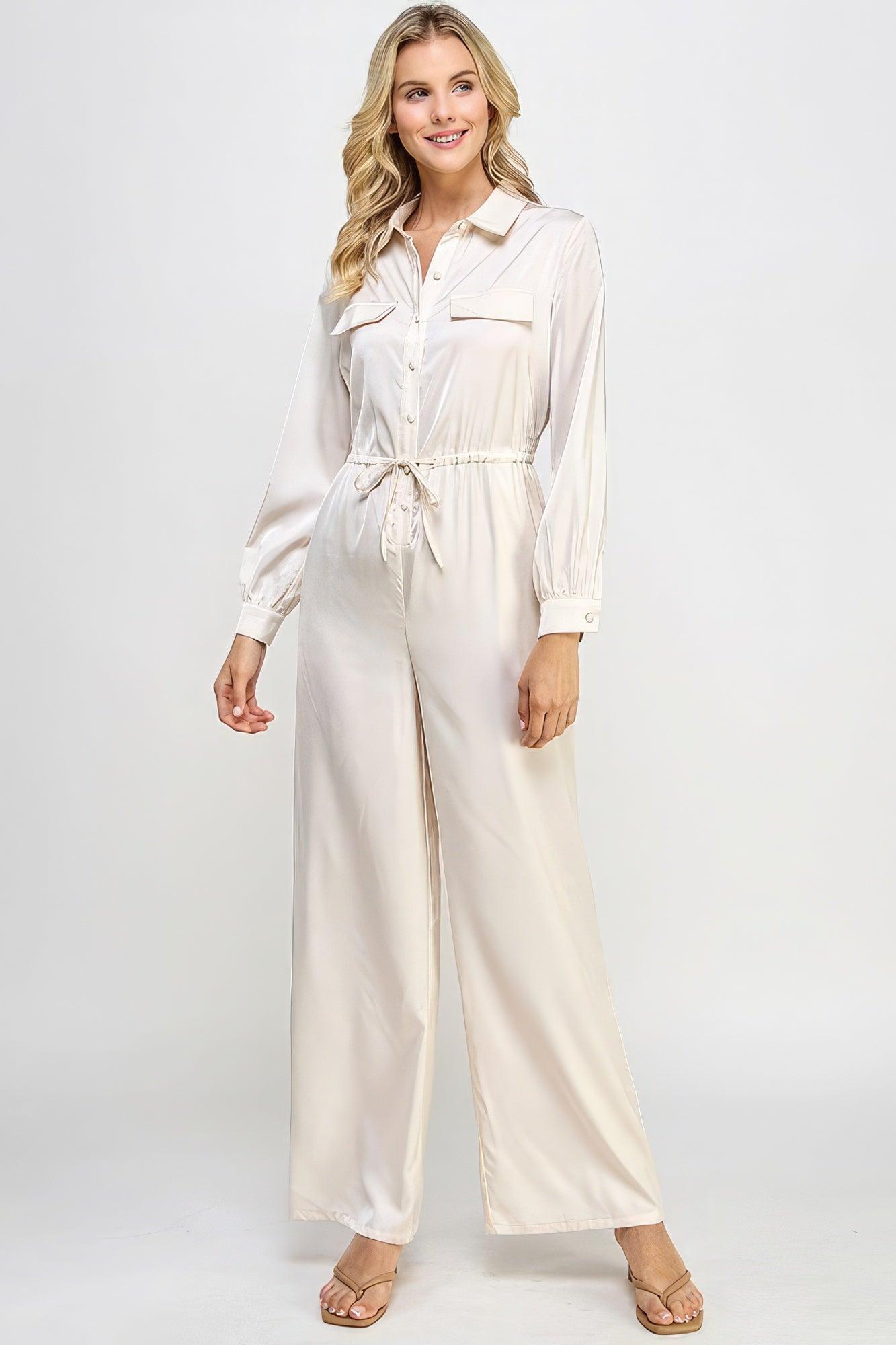 Long Sleeve Jumpsuit With Waist Drawstring - Leur Beau Monde Boutique