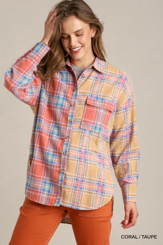 Mixed Plaid Boxy Cut Button Down Flannel With Front Pocket - Leur Beau Monde Boutique