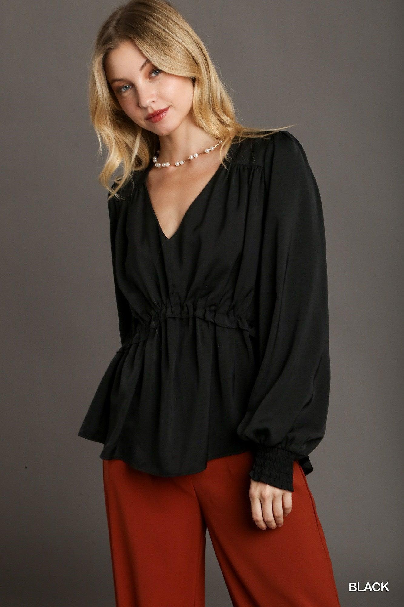 Satin V-neck Ruffle Baby Doll Top With Cuffed Long Sleeve - Leur Beau Monde Boutique