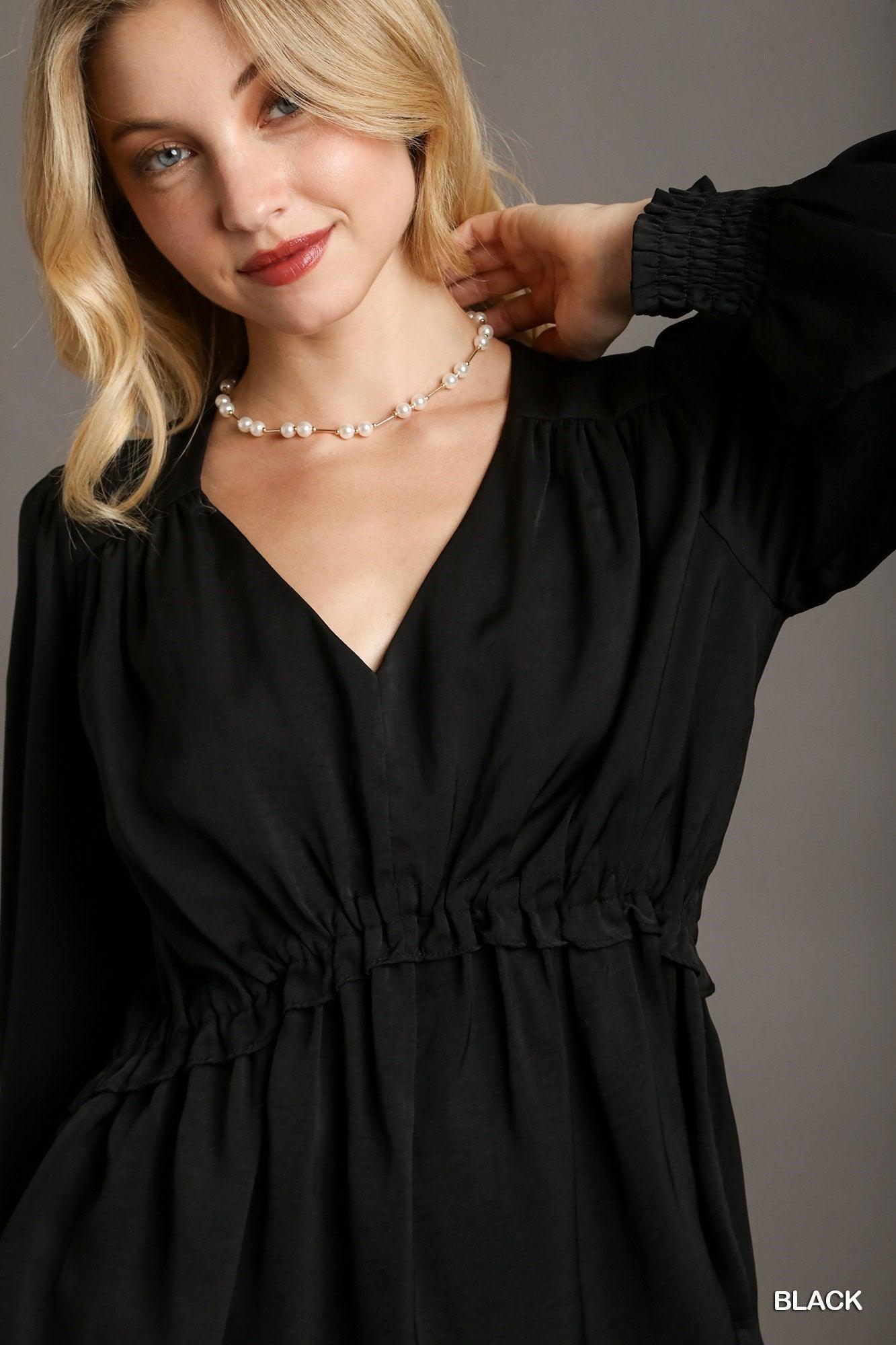 Satin V-neck Ruffle Baby Doll Top With Cuffed Long Sleeve - Leur Beau Monde Boutique