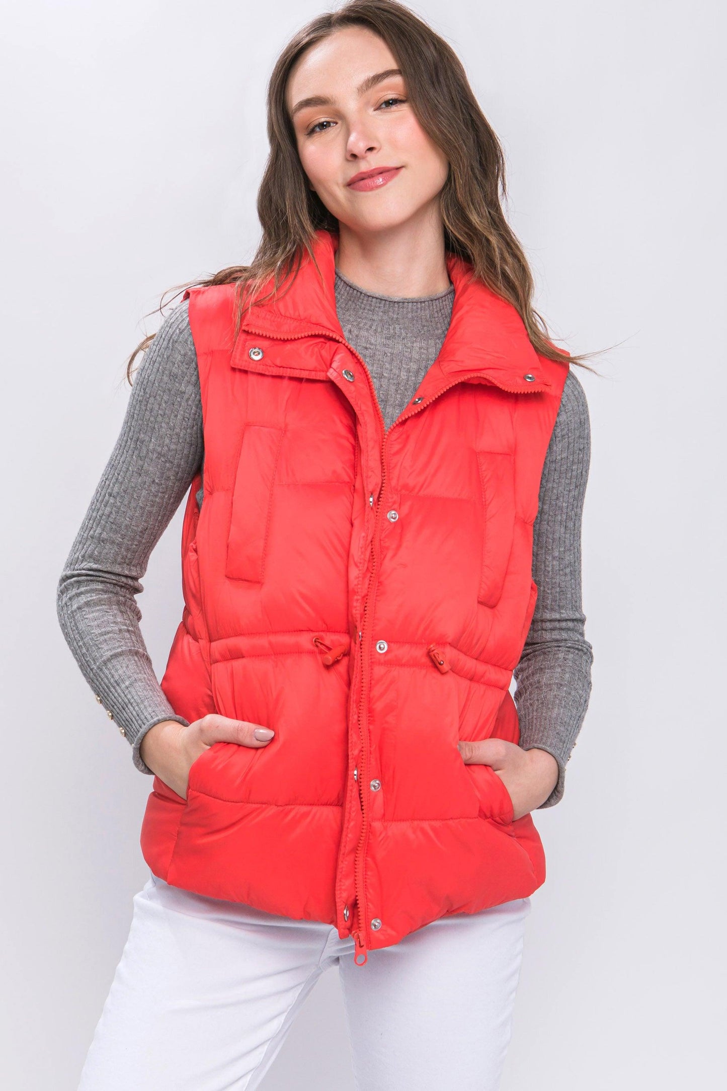 Zip Up Button Puffer Vest With Waist Toggles - Leur Beau Monde Boutique