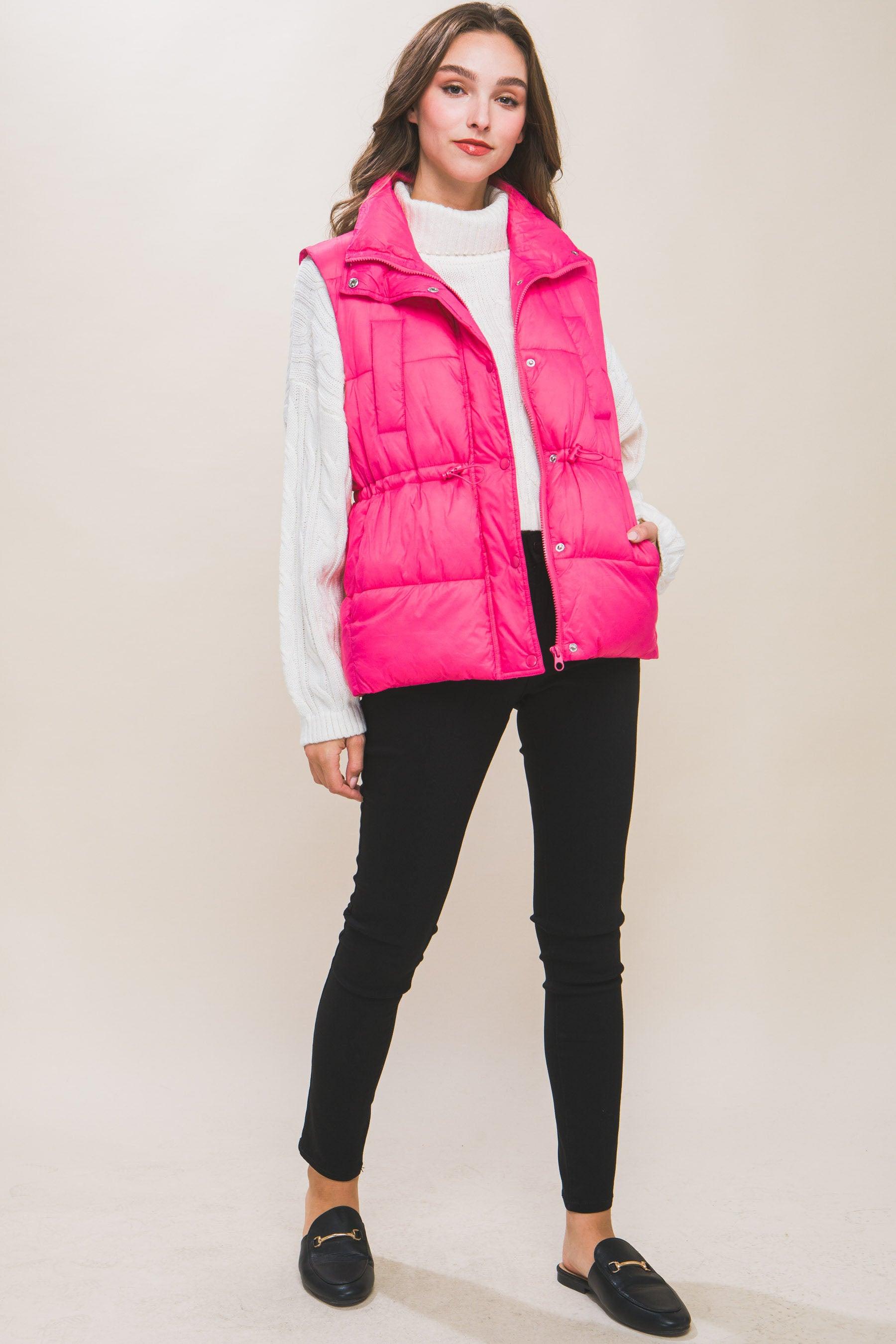 Zip Up Button Puffer Vest With Waist Toggles - Leur Beau Monde Boutique