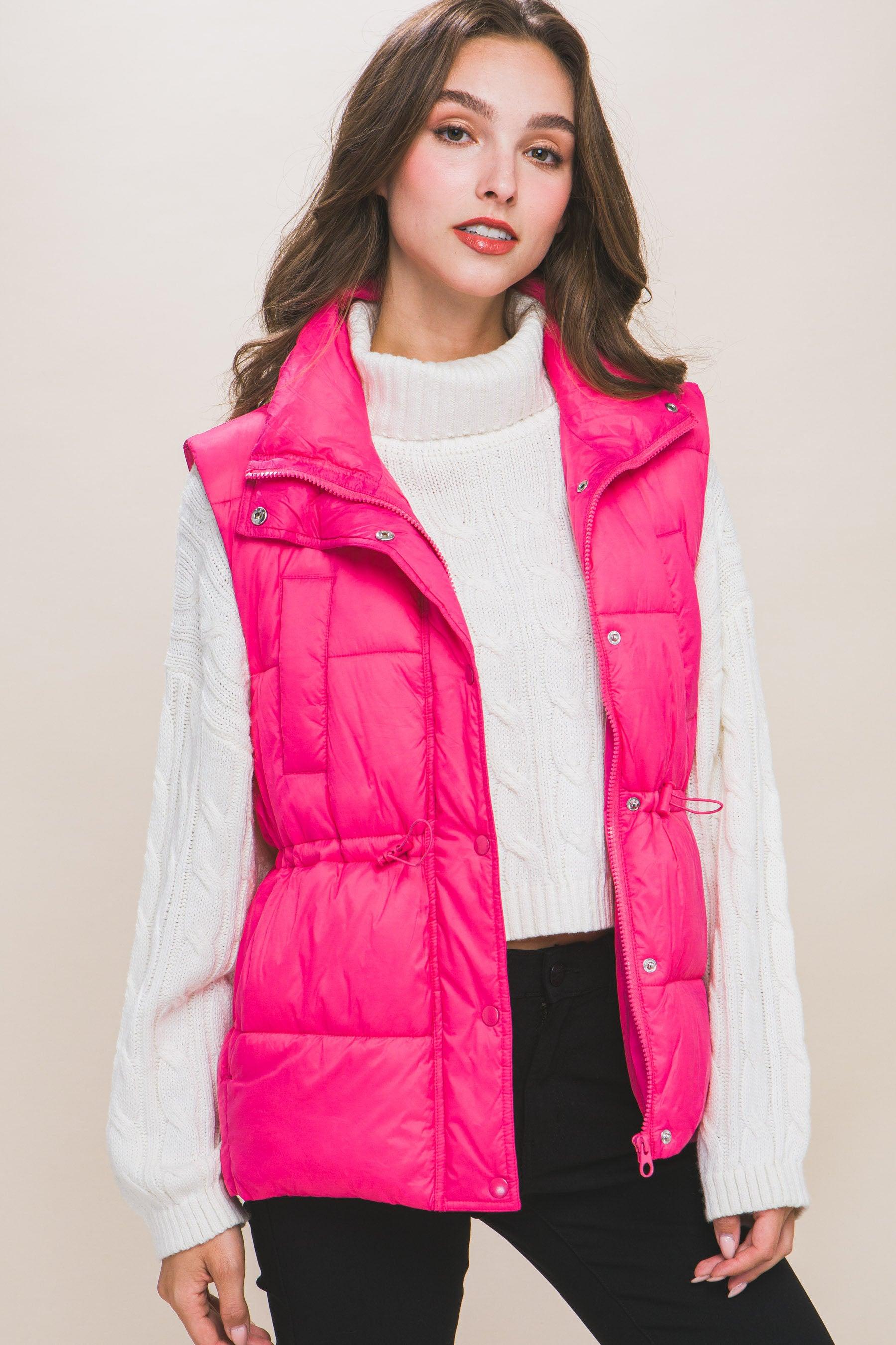 Zip Up Button Puffer Vest With Waist Toggles - Leur Beau Monde Boutique