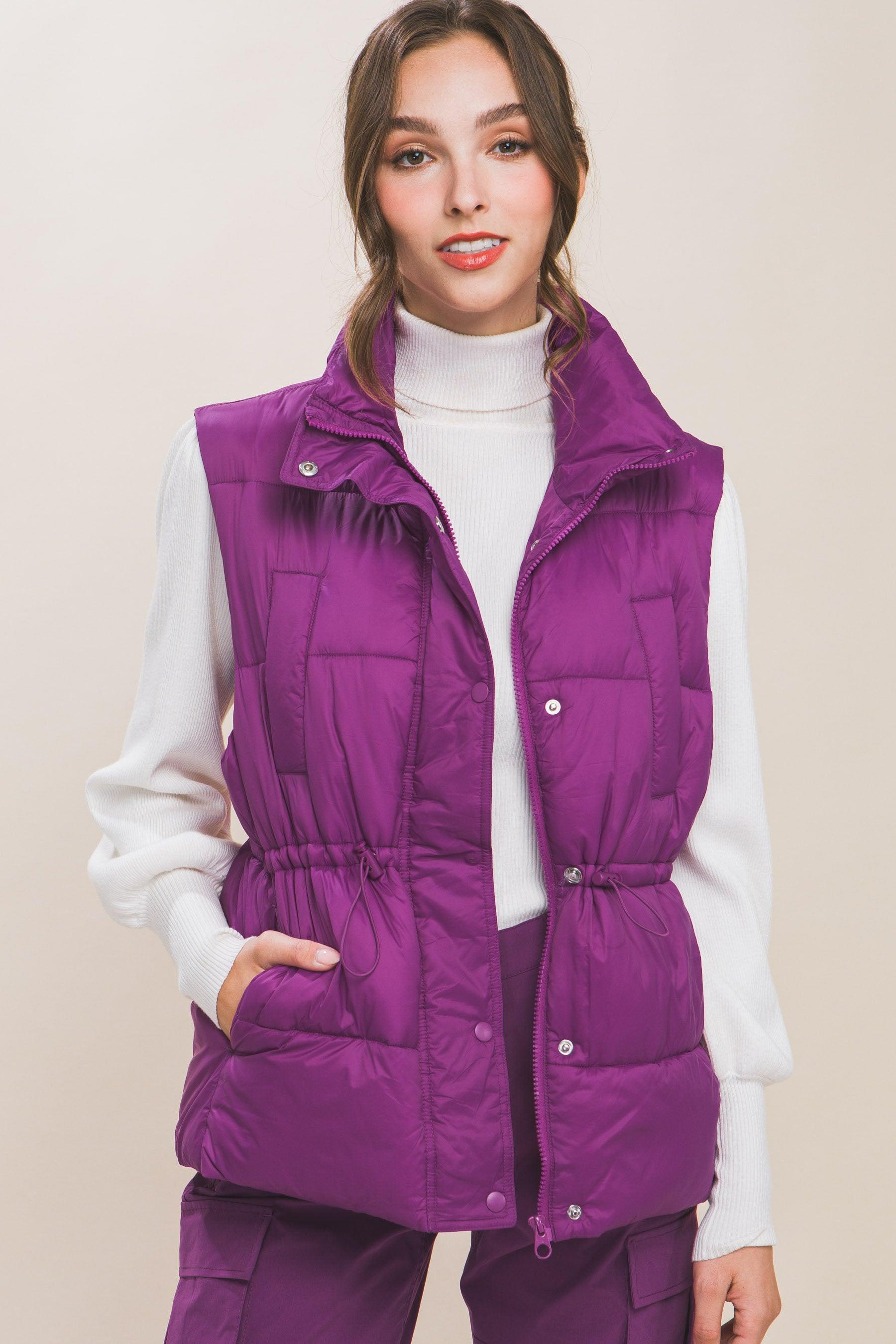 Zip Up Button Puffer Vest With Waist Toggles - Leur Beau Monde Boutique