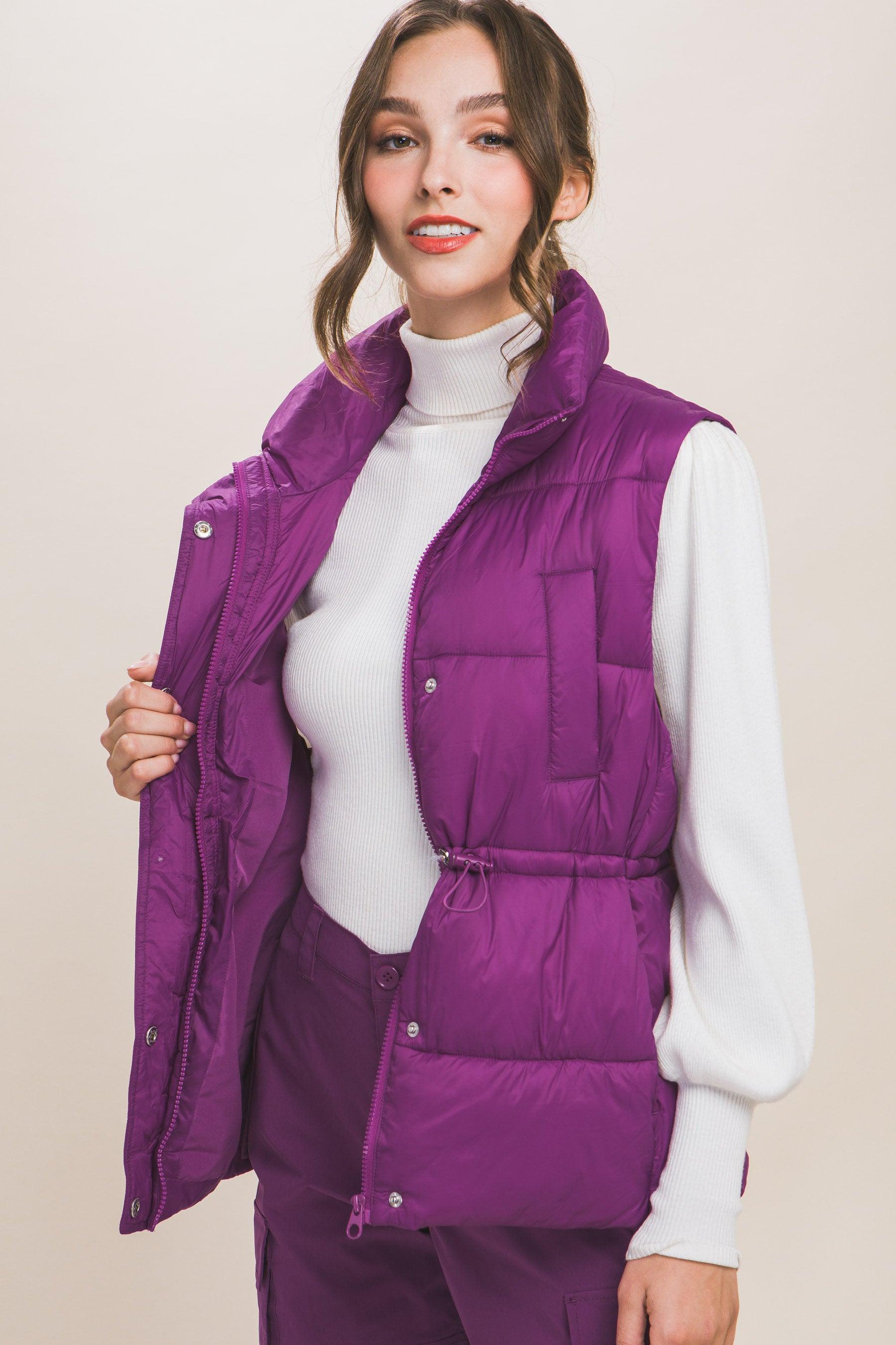 Zip Up Button Puffer Vest With Waist Toggles - Leur Beau Monde Boutique