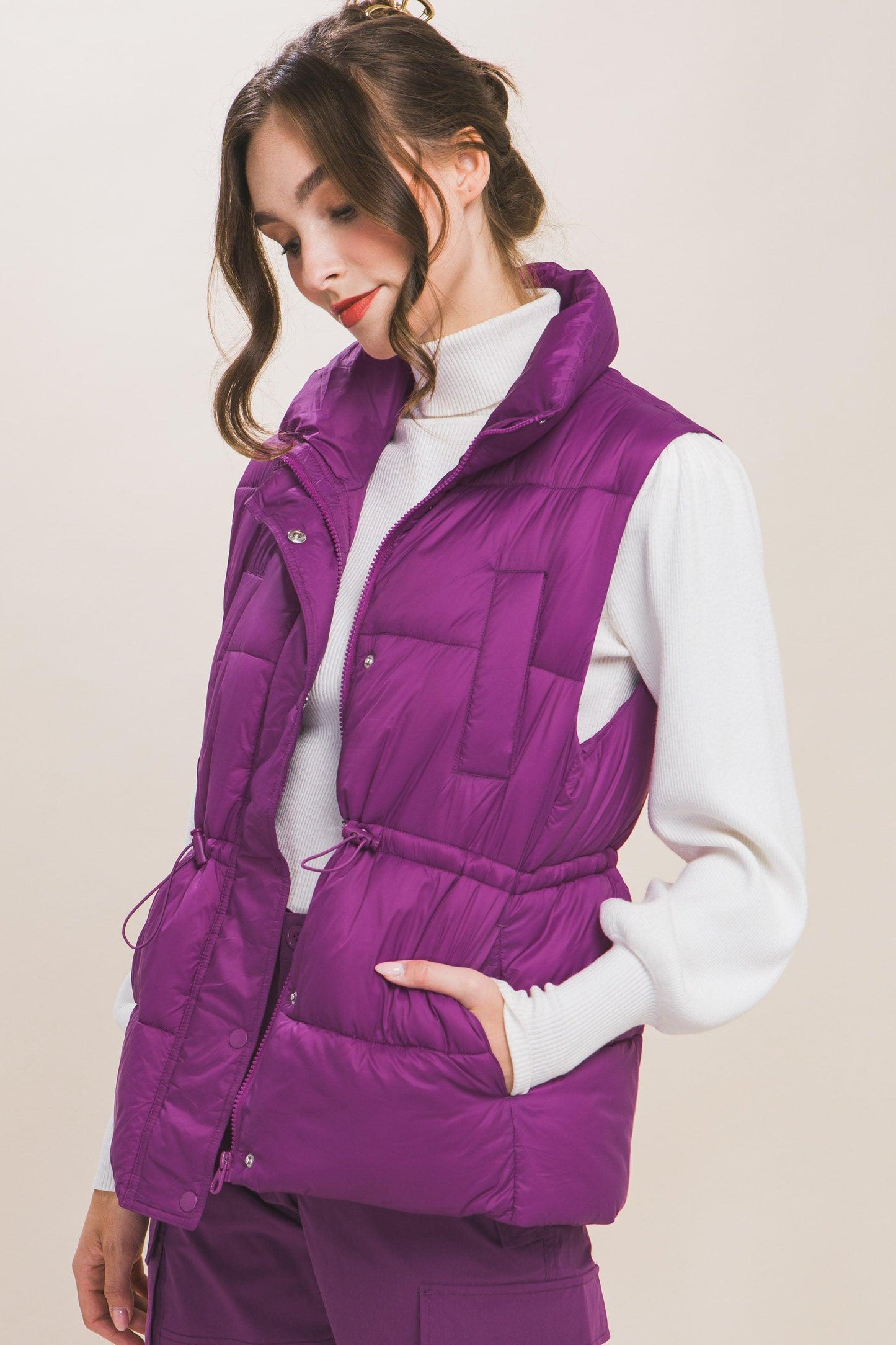 Zip Up Button Puffer Vest With Waist Toggles - Leur Beau Monde Boutique