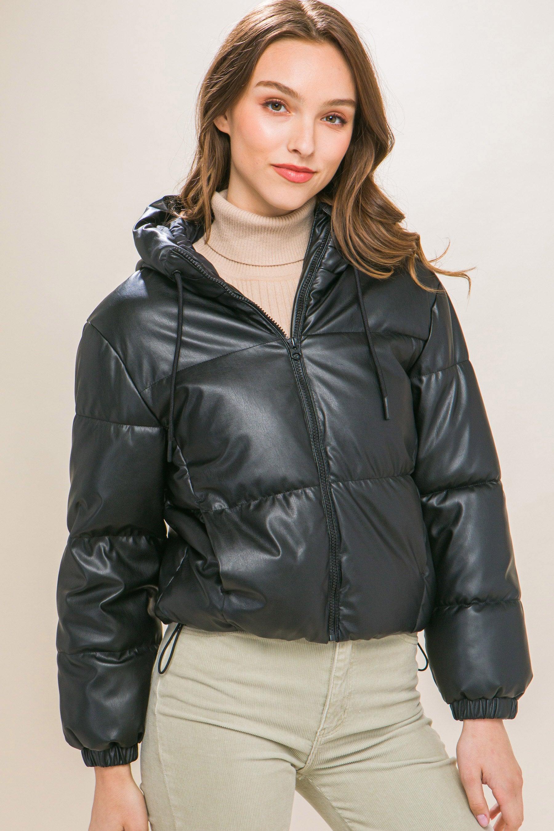 Pu Faux Leather Zipper Hooded Puffer Jacket - Leur Beau Monde Boutique