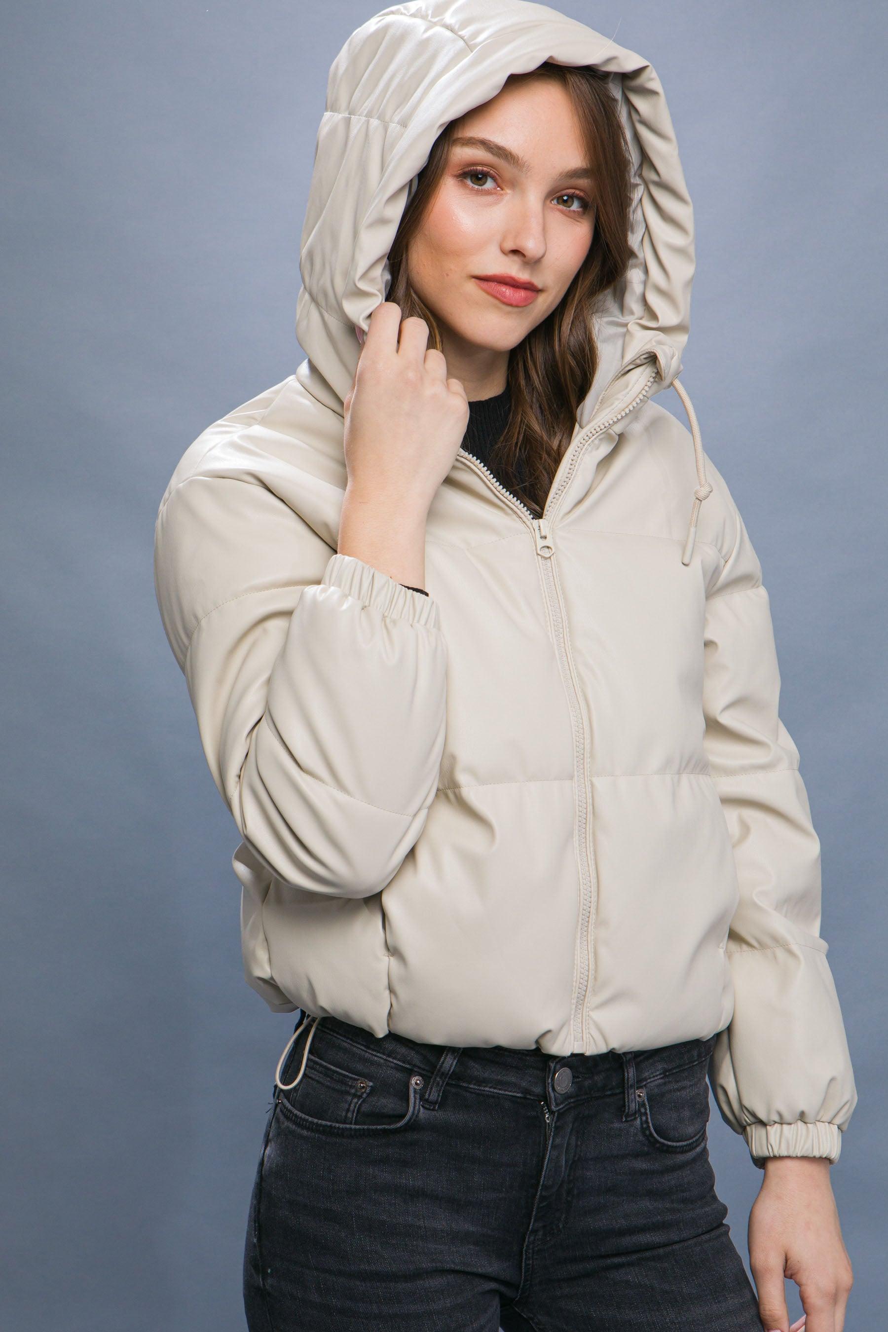 Pu Faux Leather Zipper Hooded Puffer Jacket - Leur Beau Monde Boutique