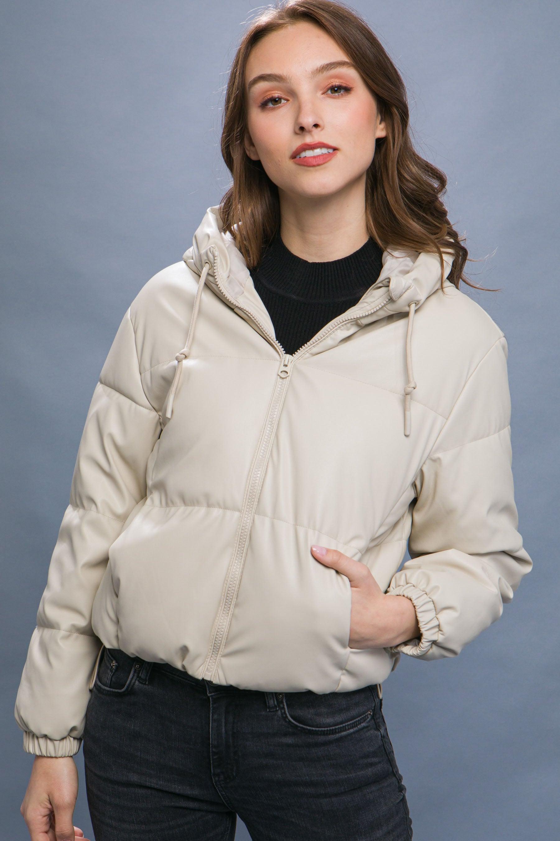 Pu Faux Leather Zipper Hooded Puffer Jacket - Leur Beau Monde Boutique