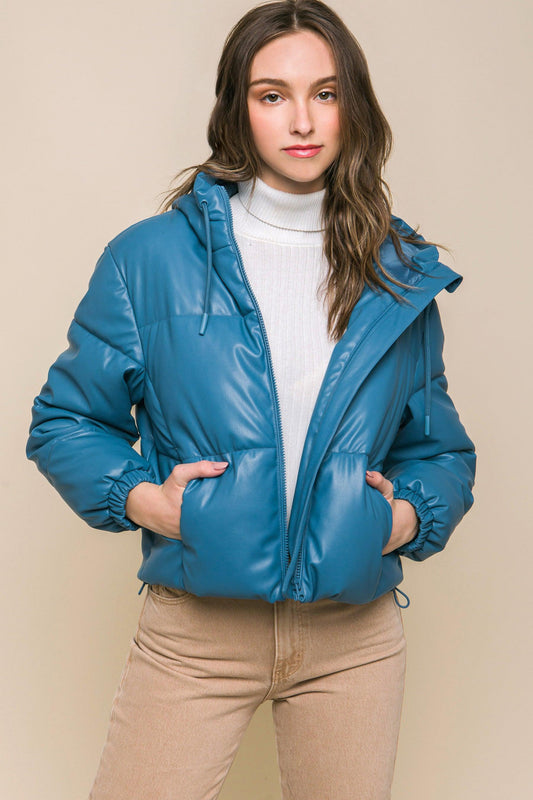 Pu Faux Leather Zipper Hooded Puffer Jacket - Leur Beau Monde Boutique