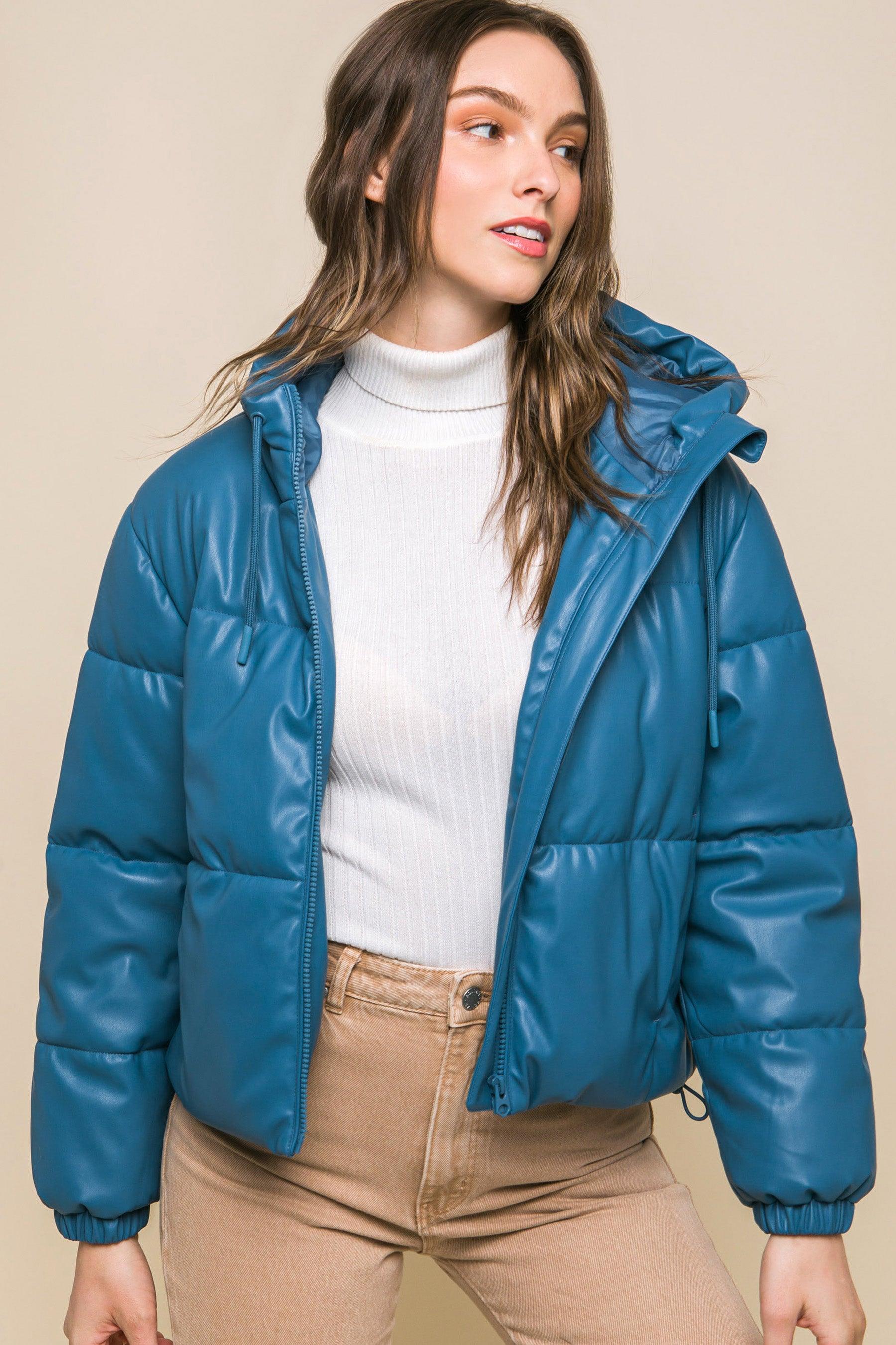 Pu Faux Leather Zipper Hooded Puffer Jacket - Leur Beau Monde Boutique