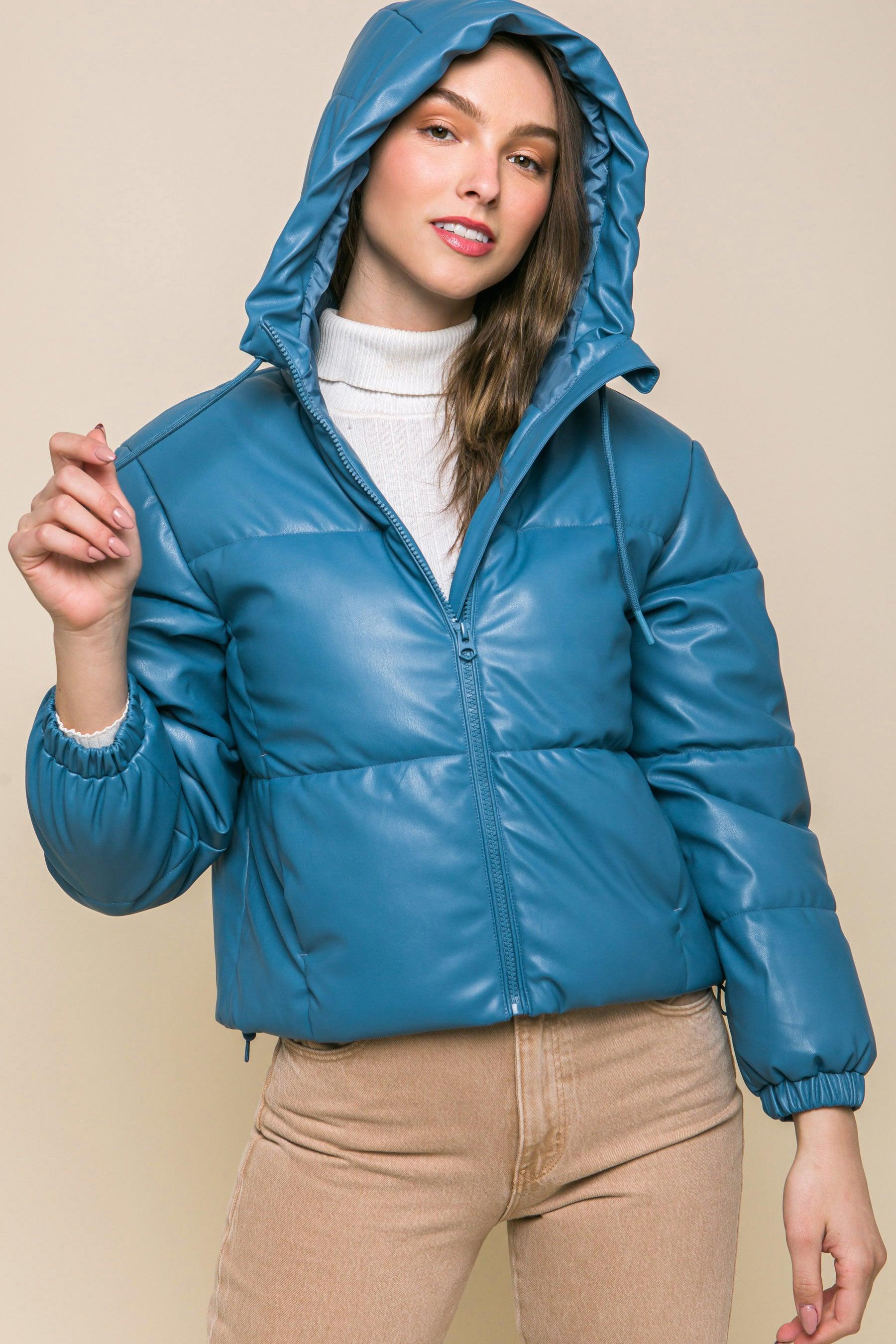 Pu Faux Leather Zipper Hooded Puffer Jacket - Leur Beau Monde Boutique