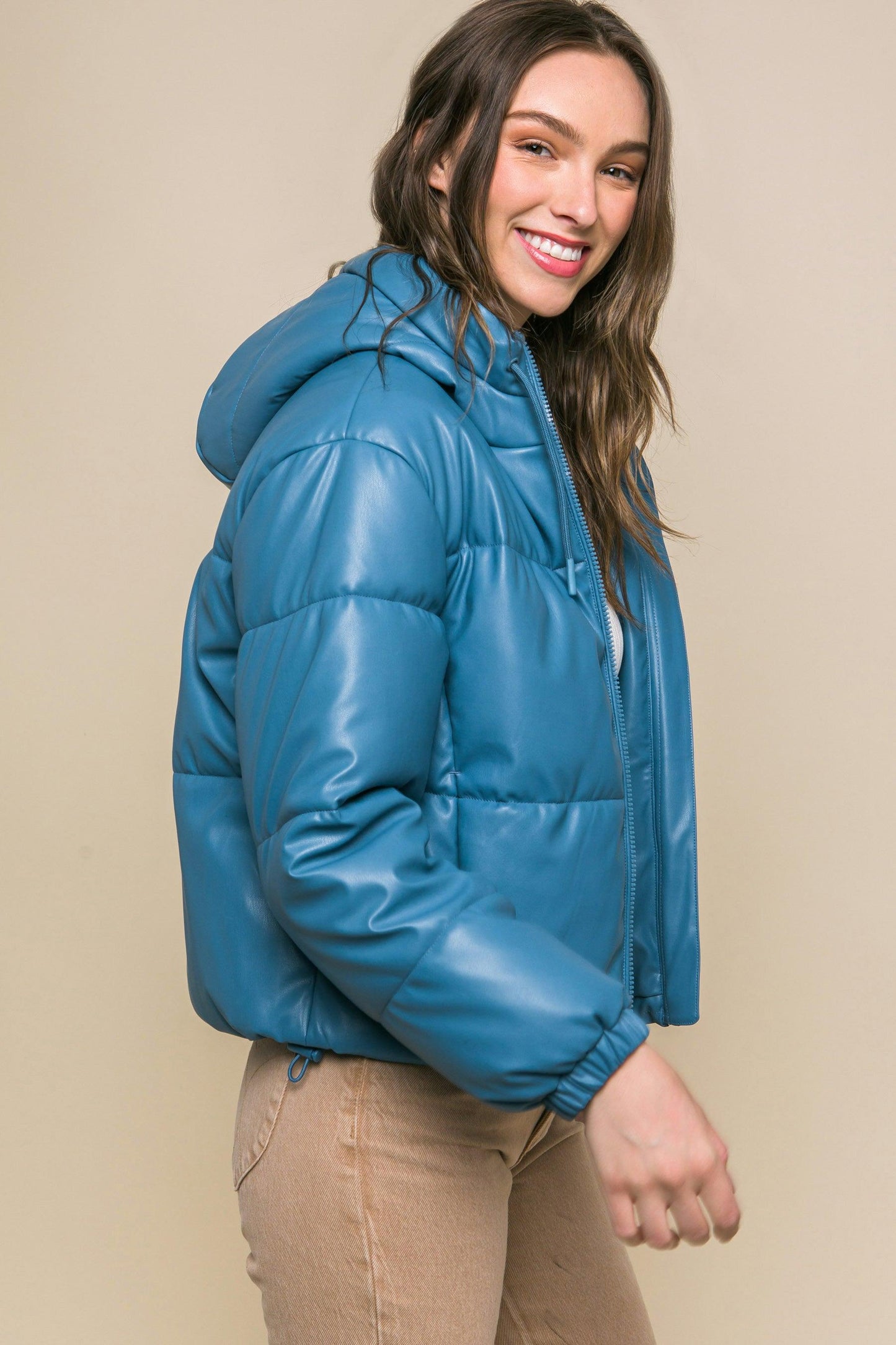 Pu Faux Leather Zipper Hooded Puffer Jacket - Leur Beau Monde Boutique