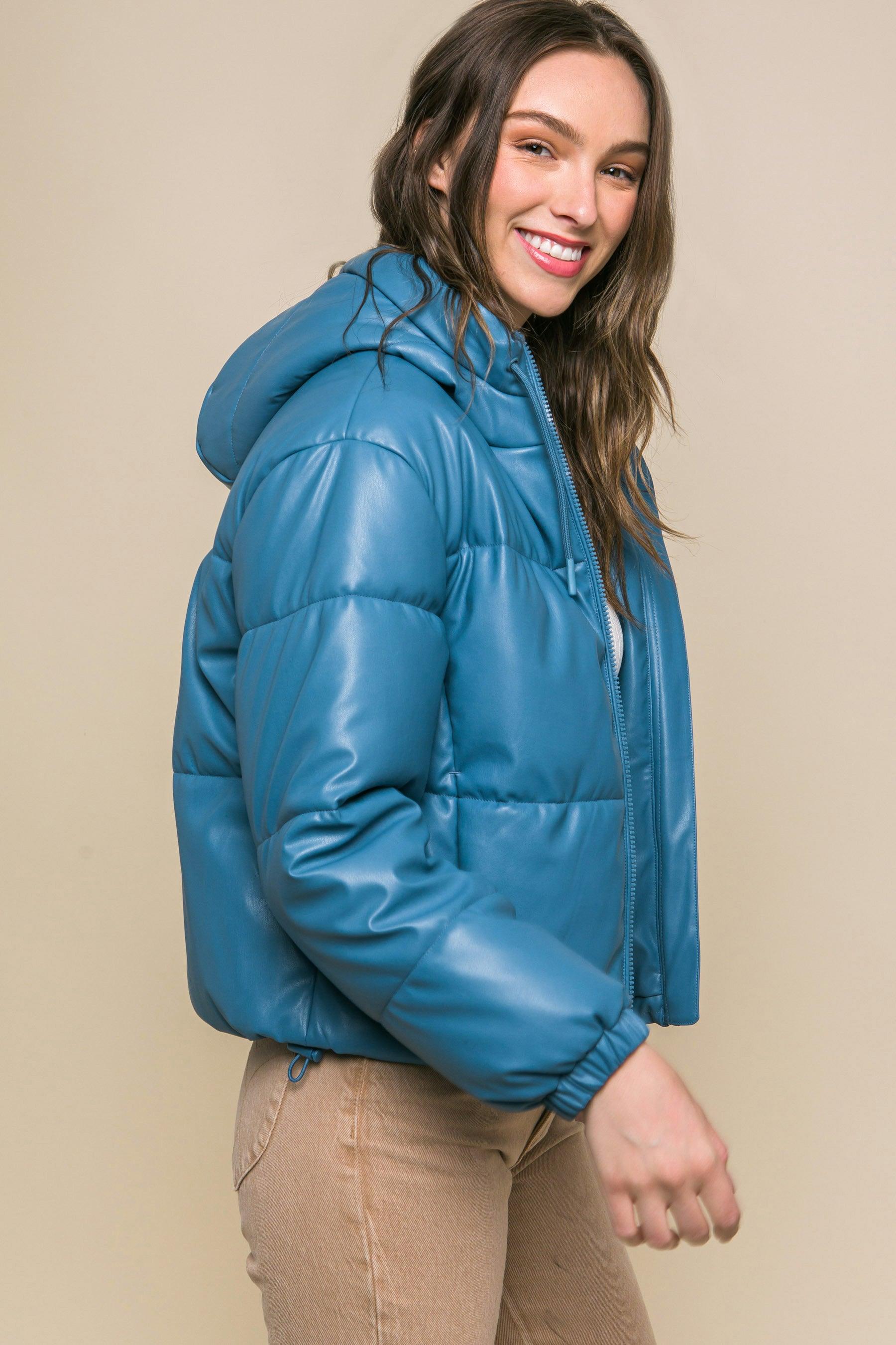 Pu Faux Leather Zipper Hooded Puffer Jacket - Leur Beau Monde Boutique