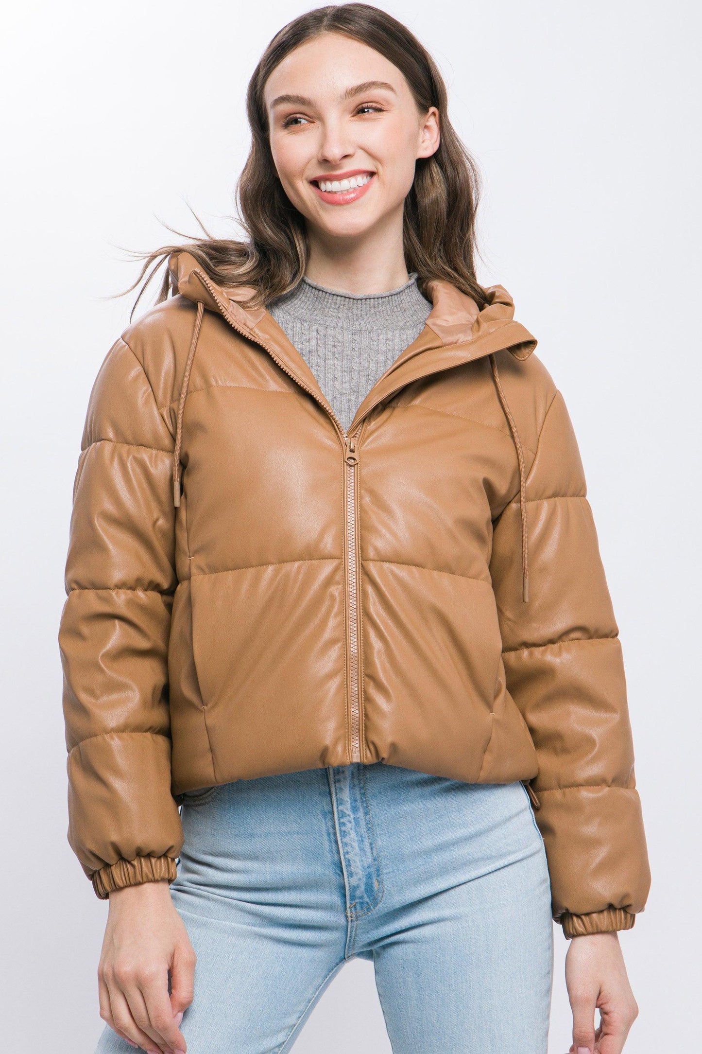 Pu Faux Leather Zipper Hooded Puffer Jacket - Leur Beau Monde Boutique