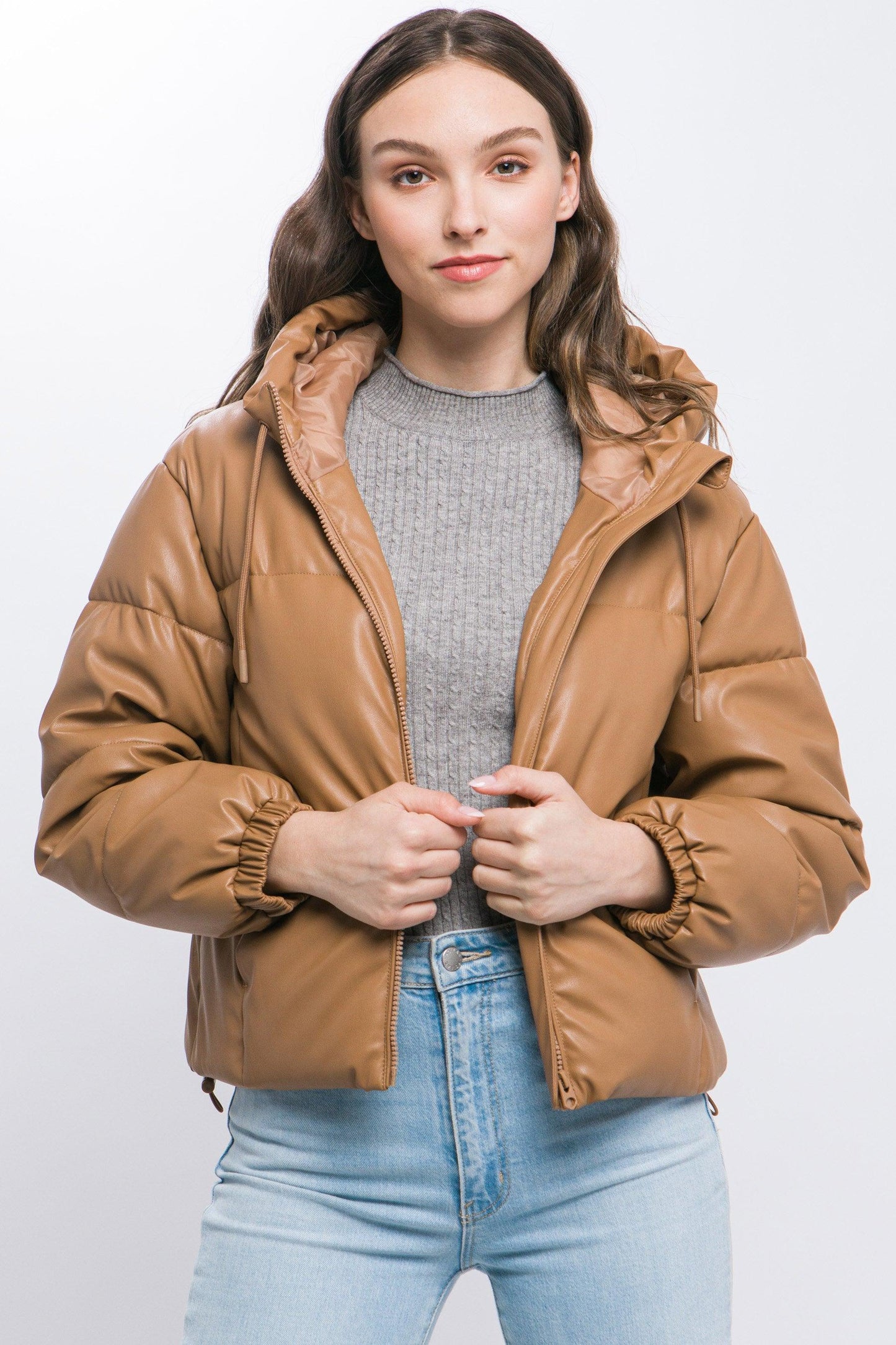 Pu Faux Leather Zipper Hooded Puffer Jacket - Leur Beau Monde Boutique