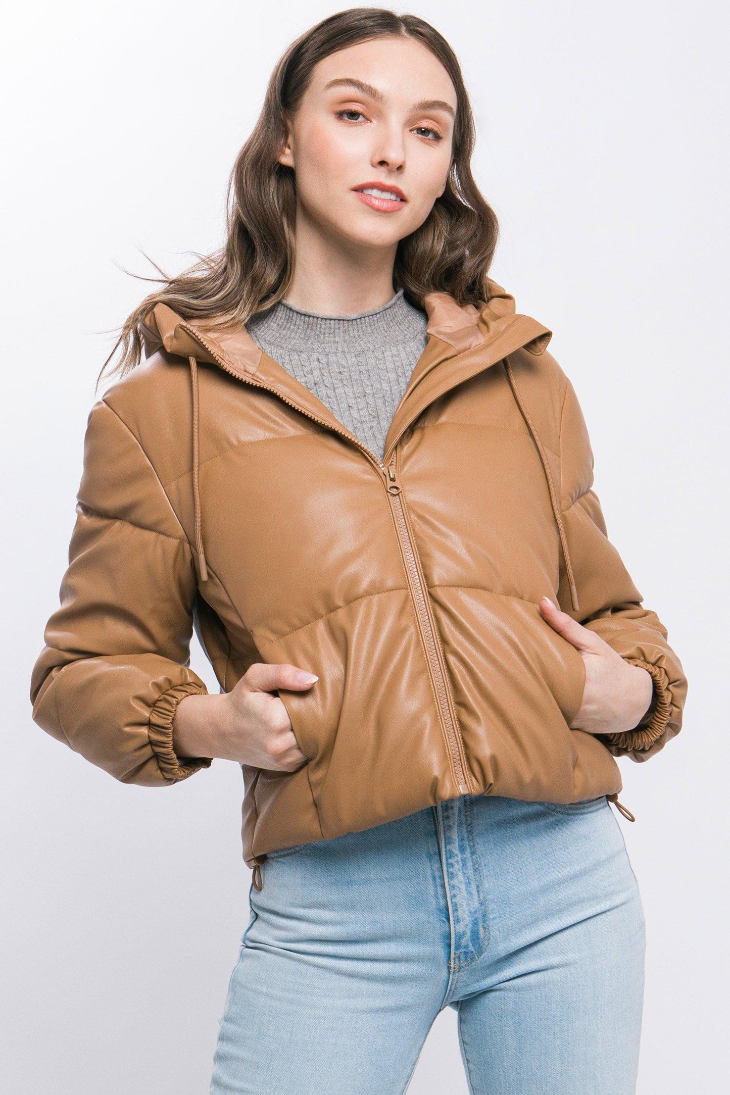 Pu Faux Leather Zipper Hooded Puffer Jacket - Leur Beau Monde Boutique