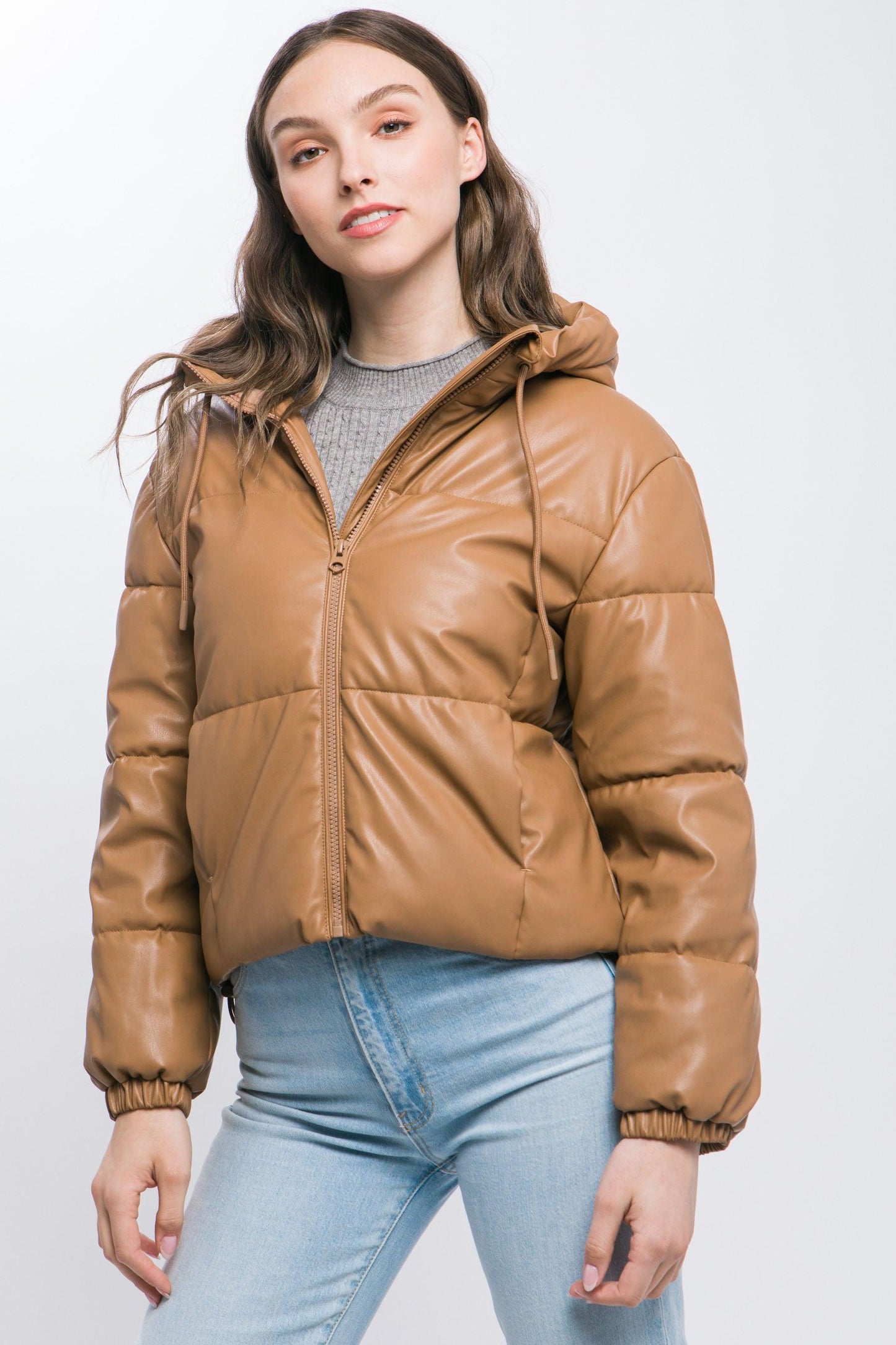 Pu Faux Leather Zipper Hooded Puffer Jacket - Leur Beau Monde Boutique