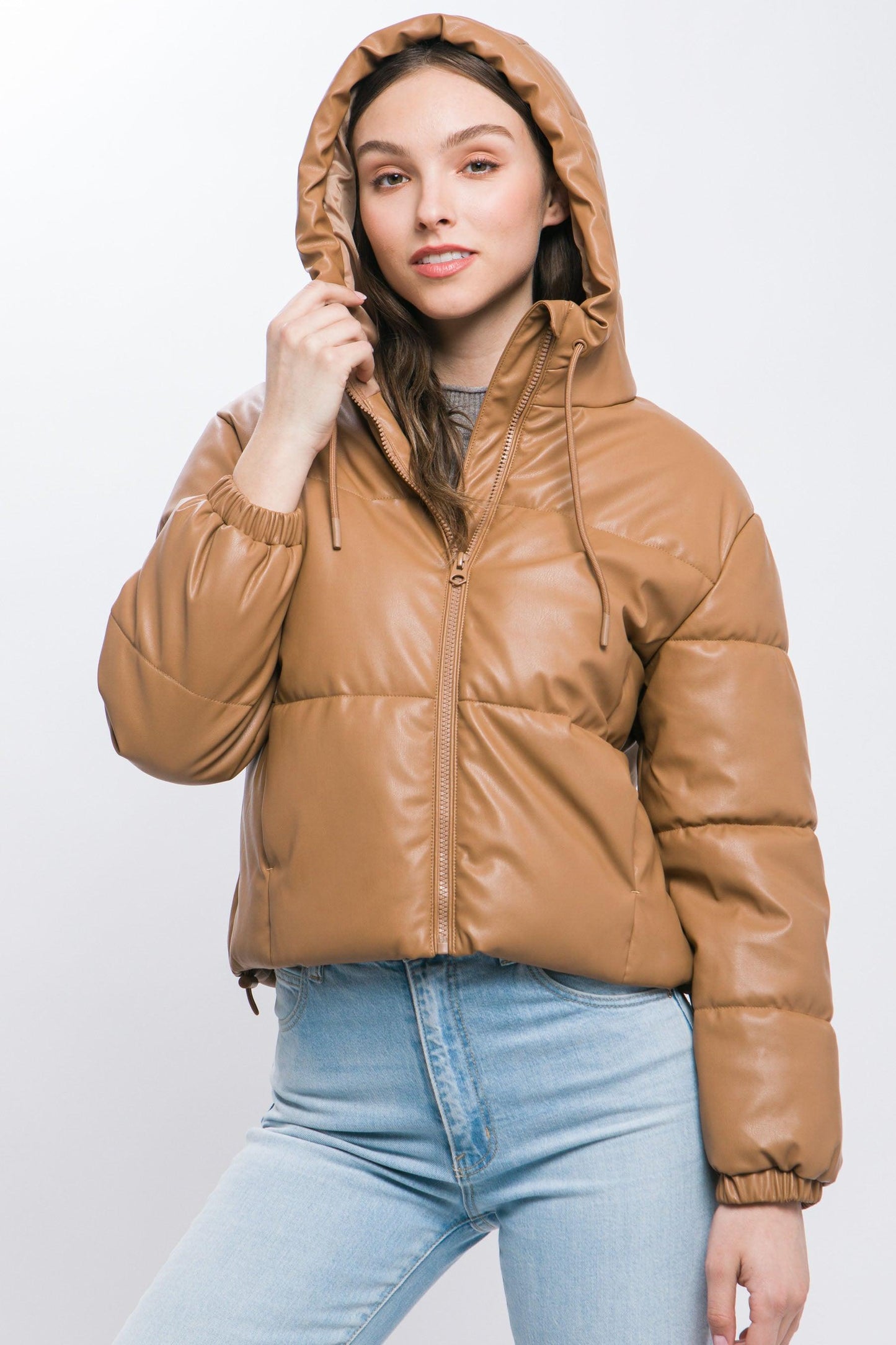 Pu Faux Leather Zipper Hooded Puffer Jacket - Leur Beau Monde Boutique