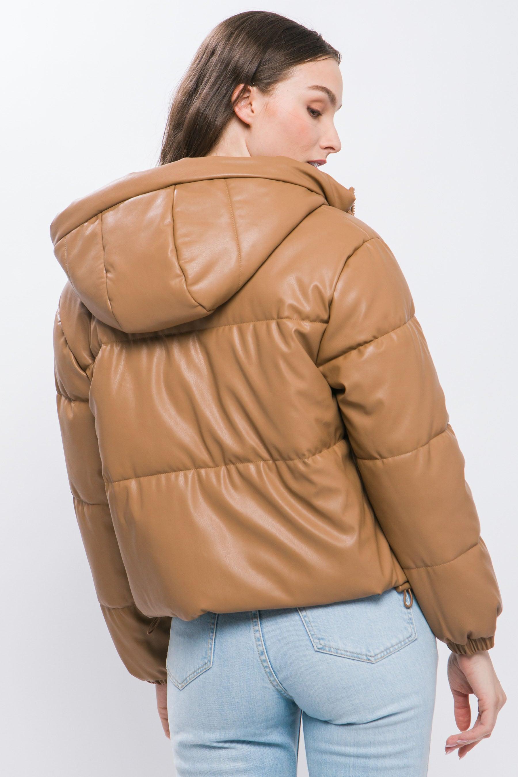 Pu Faux Leather Zipper Hooded Puffer Jacket - Leur Beau Monde Boutique