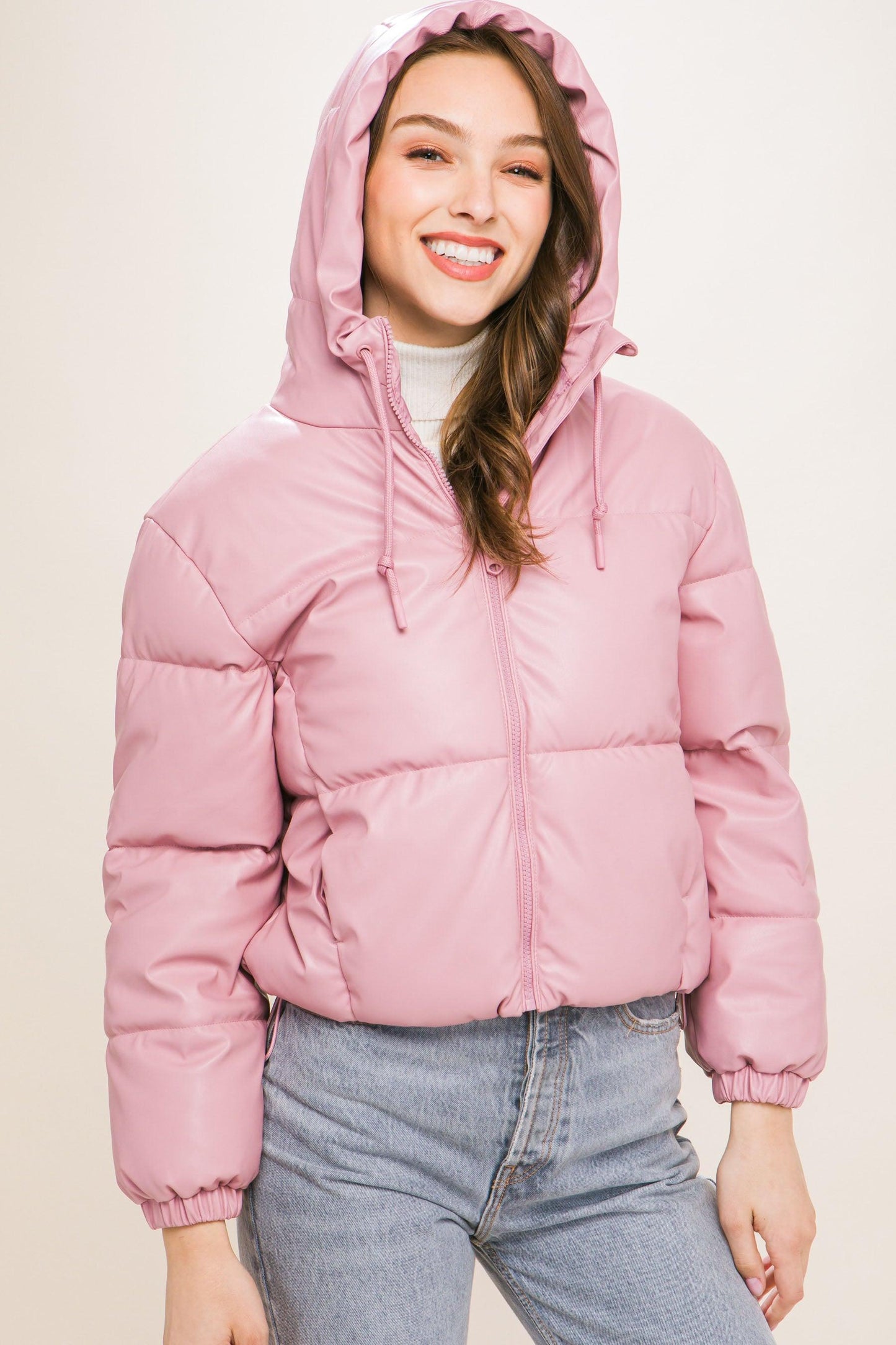 Pu Faux Leather Zipper Hooded Puffer Jacket - Leur Beau Monde Boutique