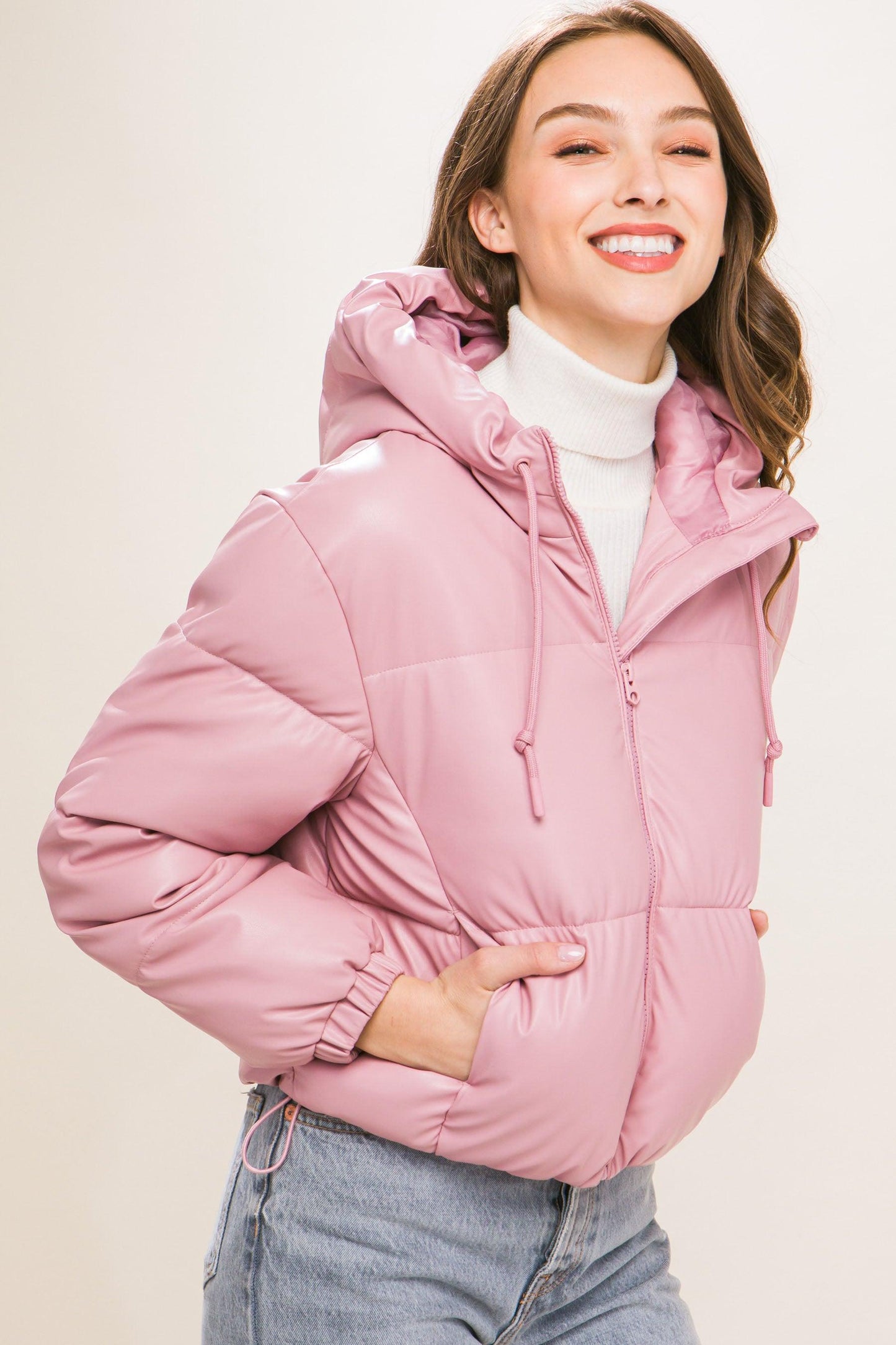 Pu Faux Leather Zipper Hooded Puffer Jacket - Leur Beau Monde Boutique