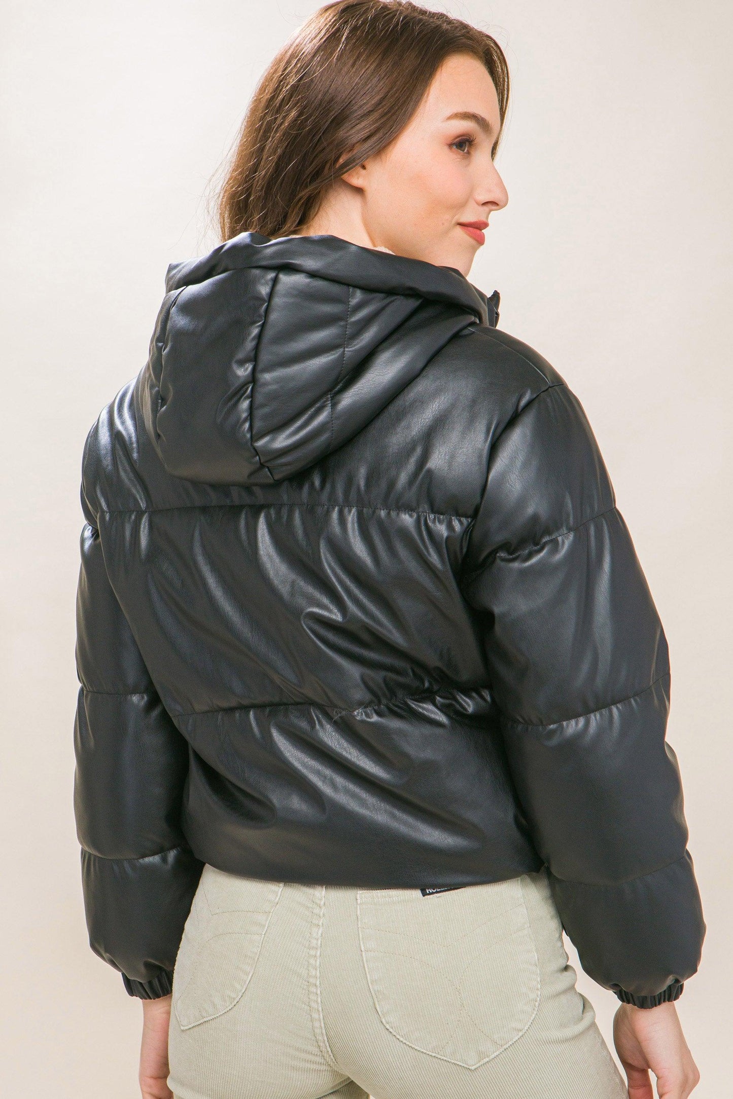 Pu Faux Leather Zipper Hooded Puffer Jacket - Leur Beau Monde Boutique