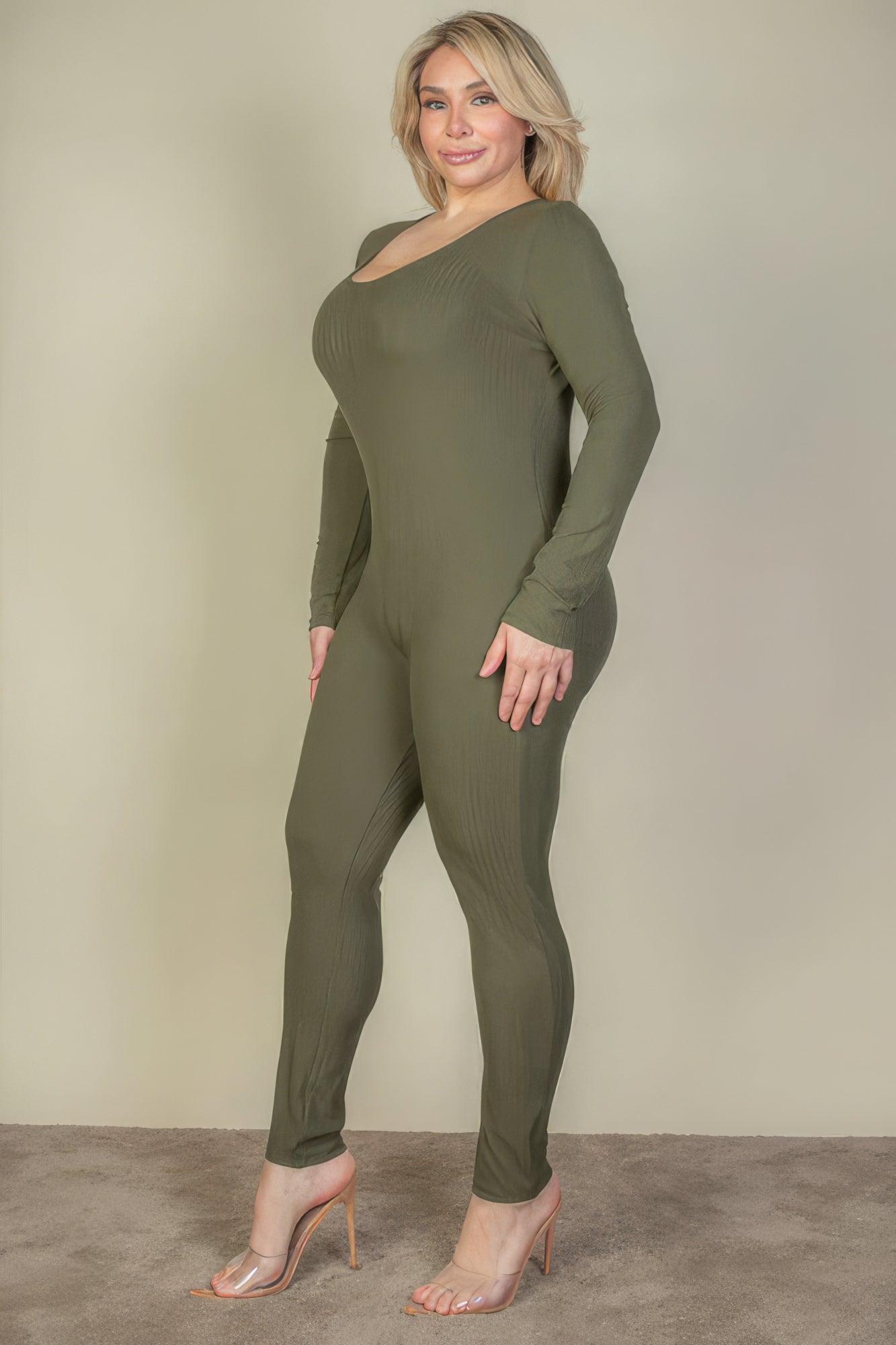 Plus Size Ribbed Scoop Neck Long Sleeve Jumpsuit - Leur Beau Monde Boutique