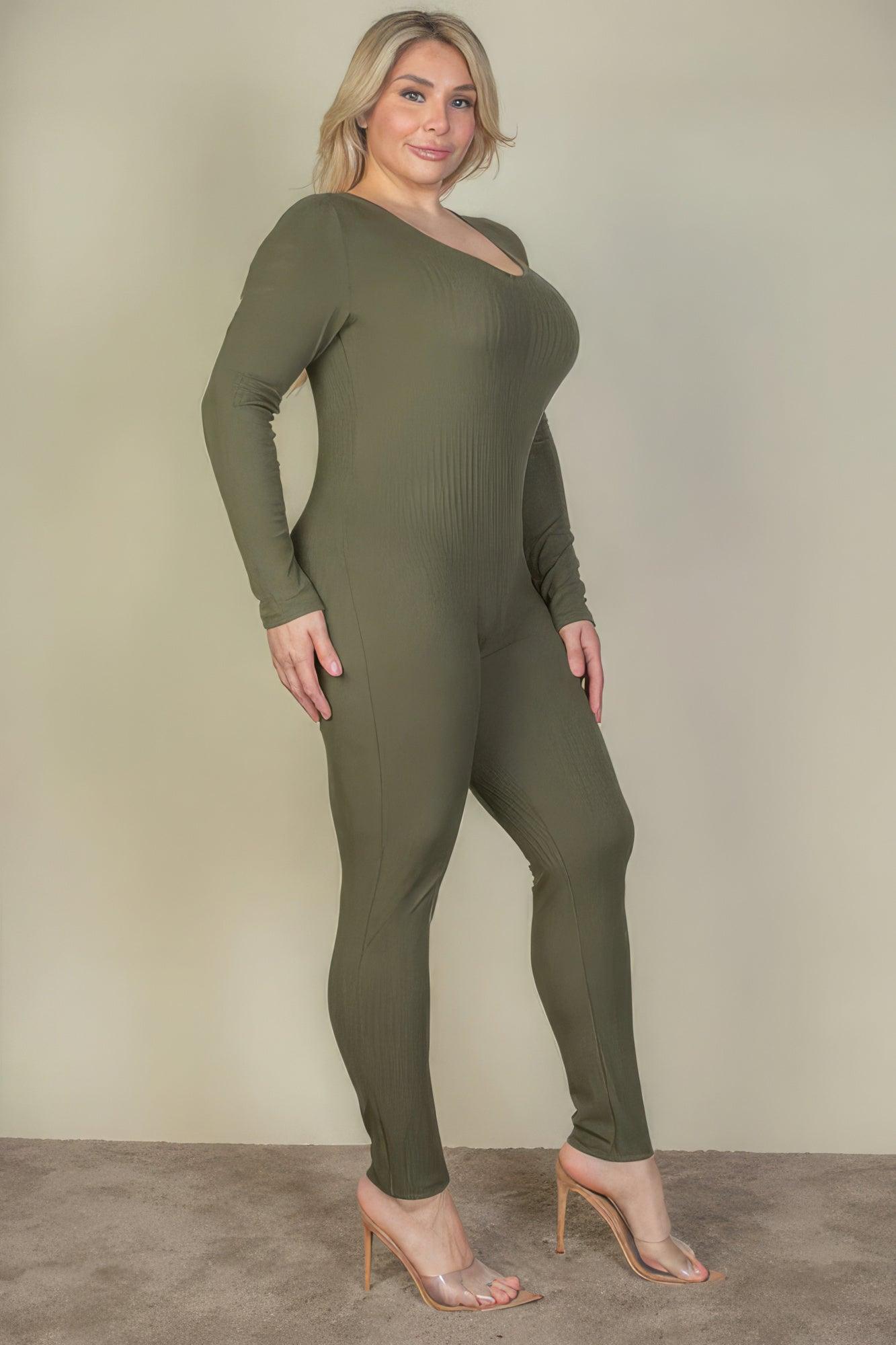 Plus Size Ribbed Scoop Neck Long Sleeve Jumpsuit - Leur Beau Monde Boutique