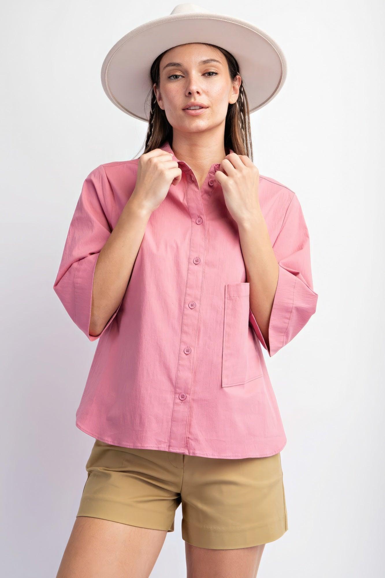 Half Slvs Stretch Poplin Button Down Shirt - Leur Beau Monde Boutique