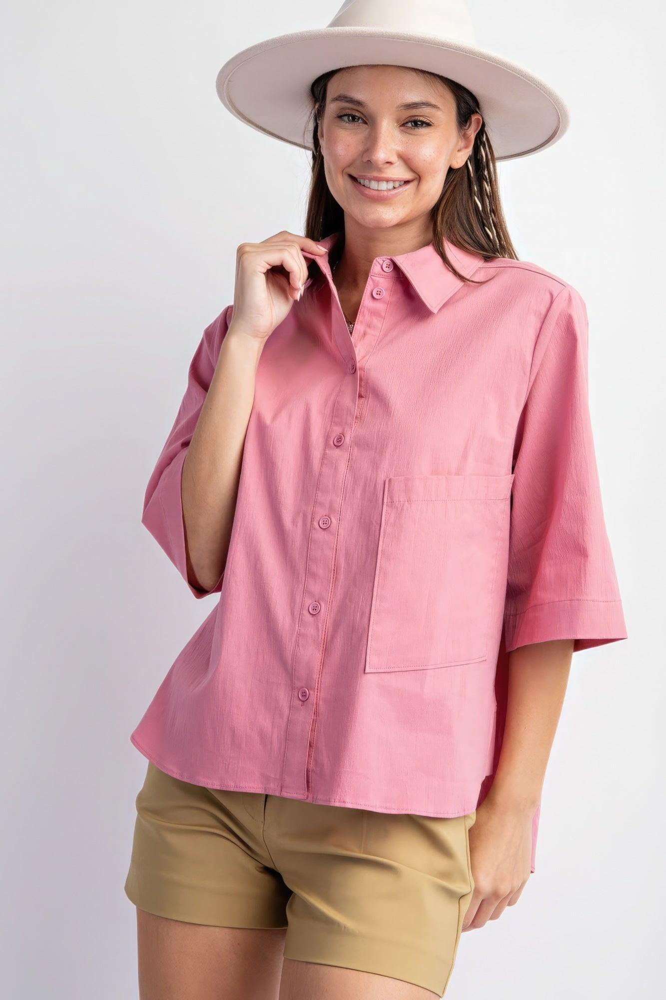 Half Slvs Stretch Poplin Button Down Shirt - Leur Beau Monde Boutique